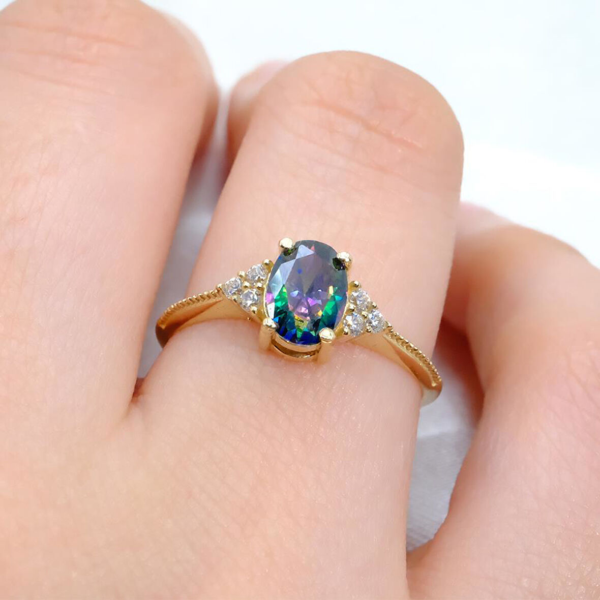 Gümüş Yüzük - 1.20Ct Mistik topaz Selena Evlilik Teklifi 925 Ayar Gümüş Yüzük-Tria Tek Taş Yüzük