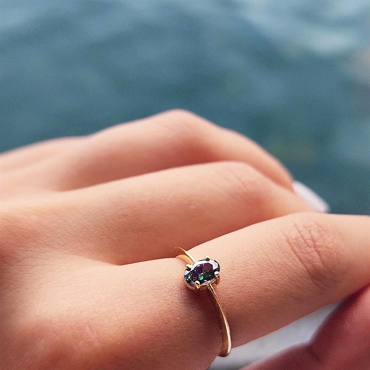 Mistik Topaz Oval Taşlı Spor TekTaş 14 Ayar Altın Yüzük-Hediye Altın Yüzük