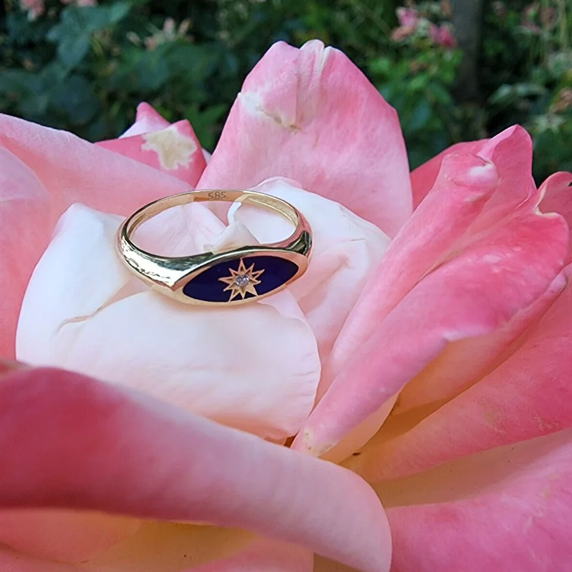 Ala Safir Mineli Kutup Yıldızlı Oval Mühür Minimal Tasarım Estetik Modern 925 Ayar Gümüş Yüzük