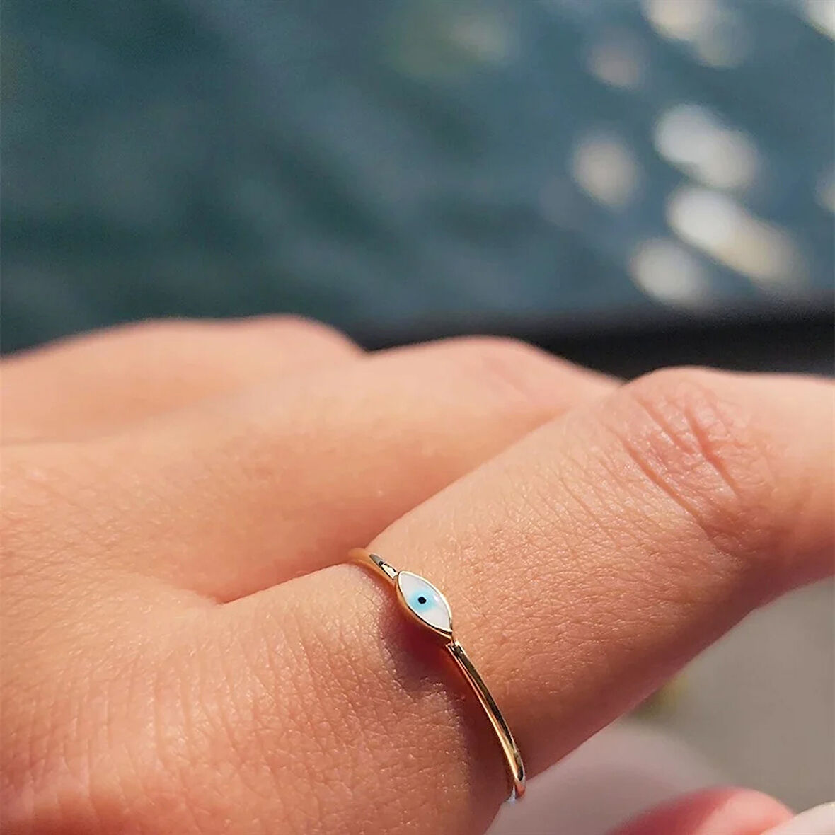 Gümüş Yüzük - Mekik Beyaz Mineli Göz Gümüş Yüzük - Minimal Tektaş Tasarım Nazar Boncuğu Gümüş Yüzük