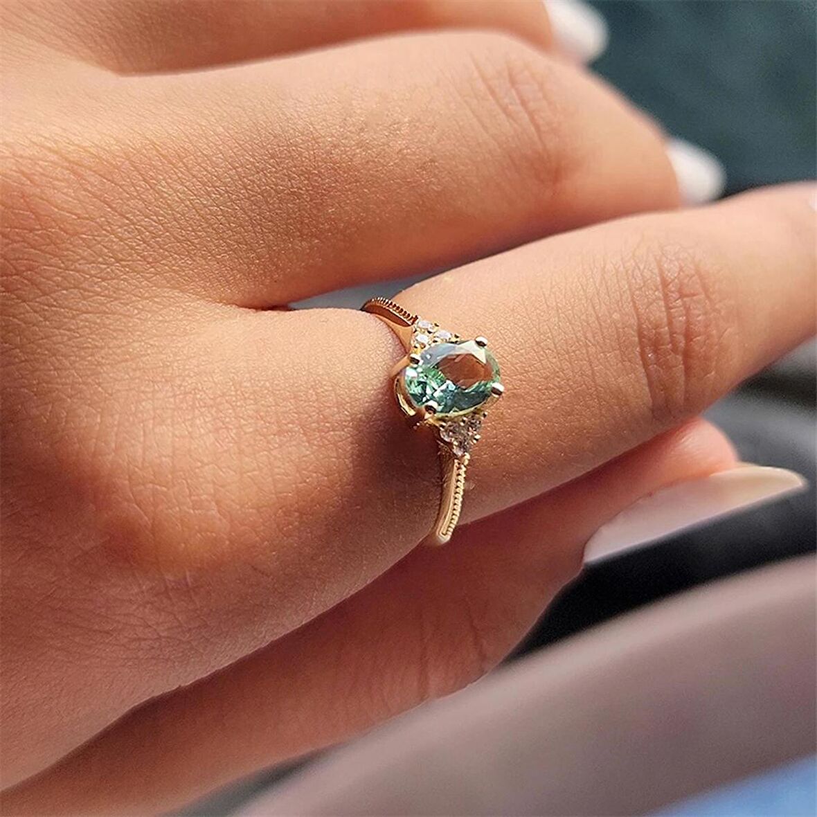 1.05 Karat Okyanus Yeşili Tria Fantezi Altın Yüzük-Tria 14 Ayar Altın Evlilik Teklifi Yüzüğü