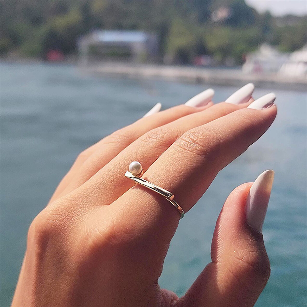 Mayorka Çizgili İncili 925 Ayar Gümüş Yüzük