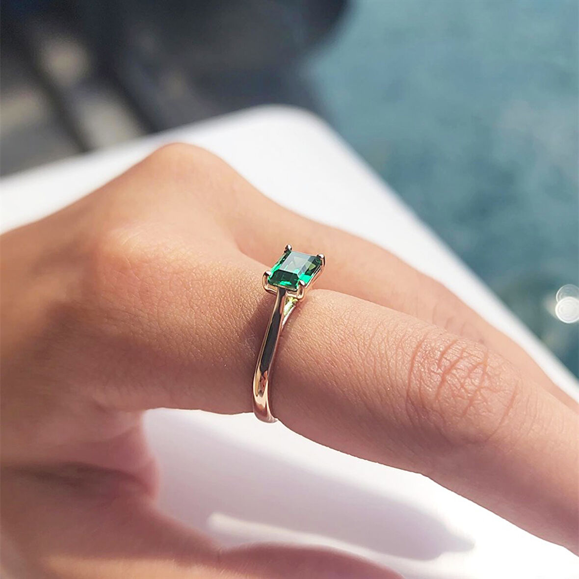 Gümüş Yüzük - 1.10Karat Zümrüt Yeşili Octagon Pırlanta Montörü 925 Ayar Gümüş Evlilik Teklifi Yüzüğü