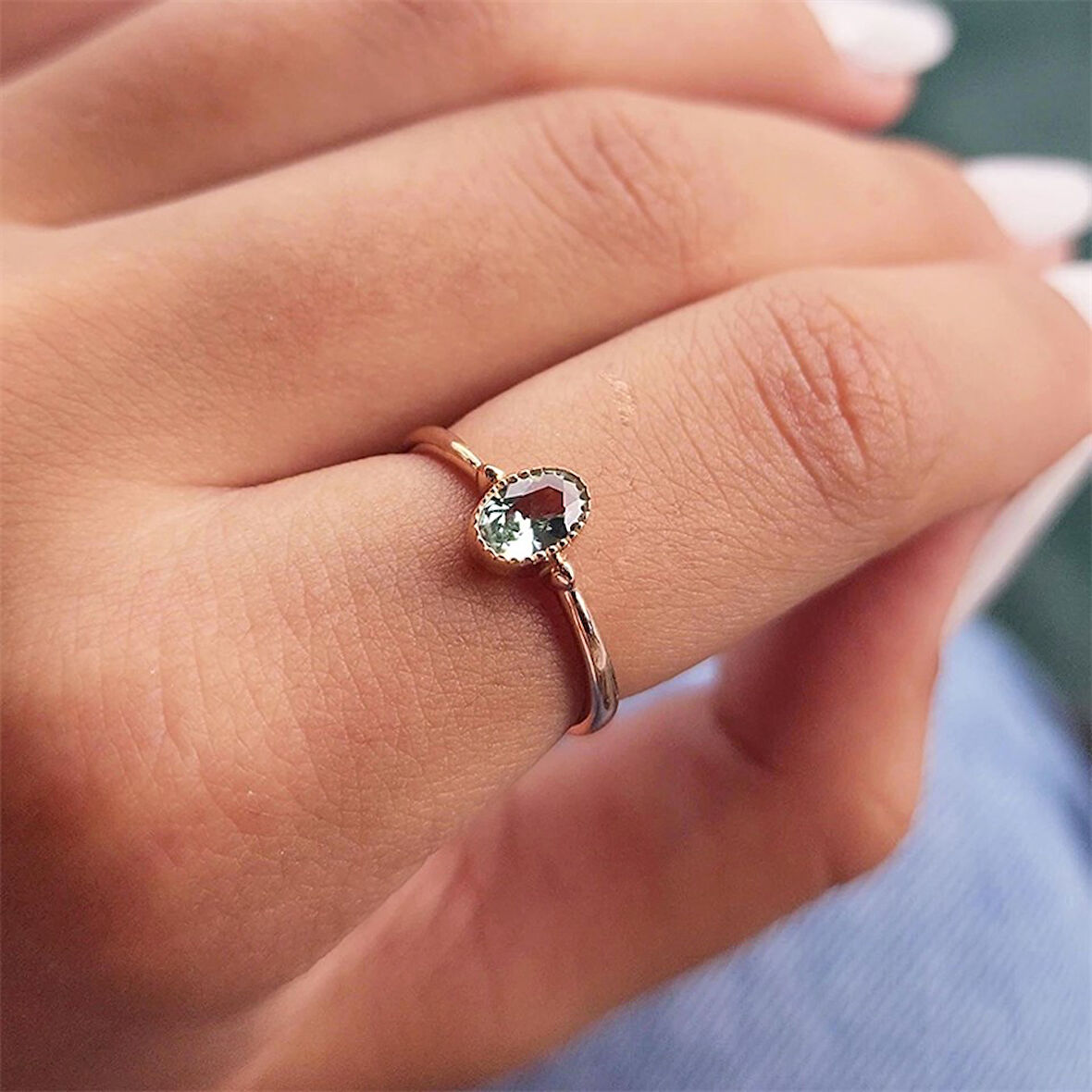 Gümüş Yüzük - Okyanus Yeşili Oval Taşlı 0.60 Karat TekTaş 925 Ayar Gümüş Evlilik Teklifi Yüzüğü