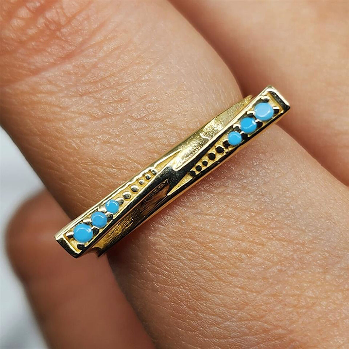 Gümüş Yüzük - Fantezi Firuze Taşlı Gündelik Gösterişli Tasarım 925 Ayar Gümüş Yüzük