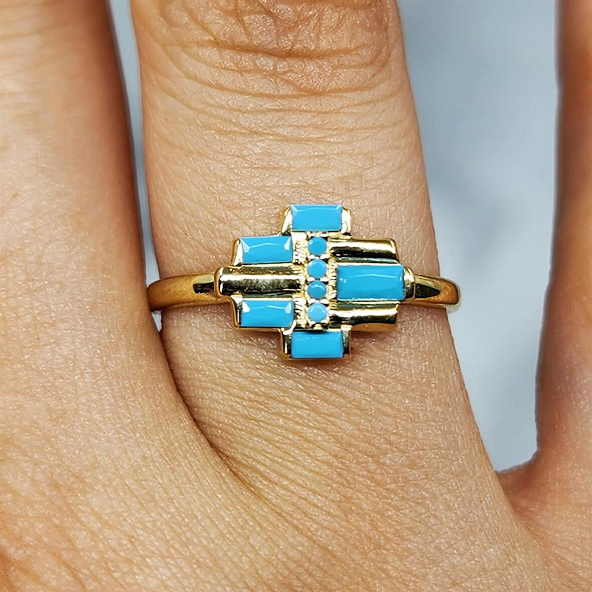 Gümüş Yüzük - Firuze Taşlı Baget Tarz Tasarım 925 Ayar Gümüş Yüzük