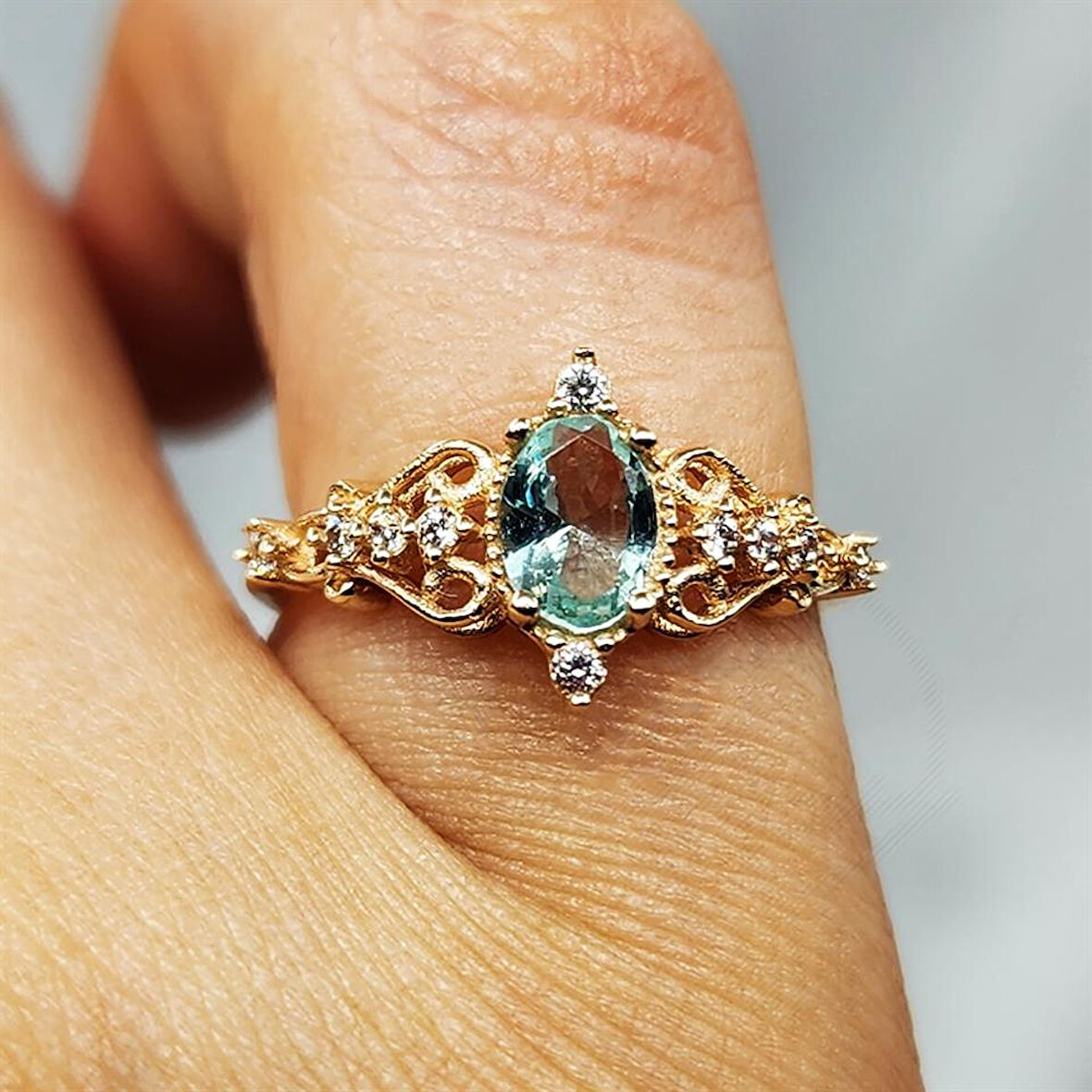 Gümüş Yüzük - Fox 0.50 Karat Love Su Yeşili Prenses Rose 925 Ayar Gümüş Evlilik Teklifi Yüzüğü	