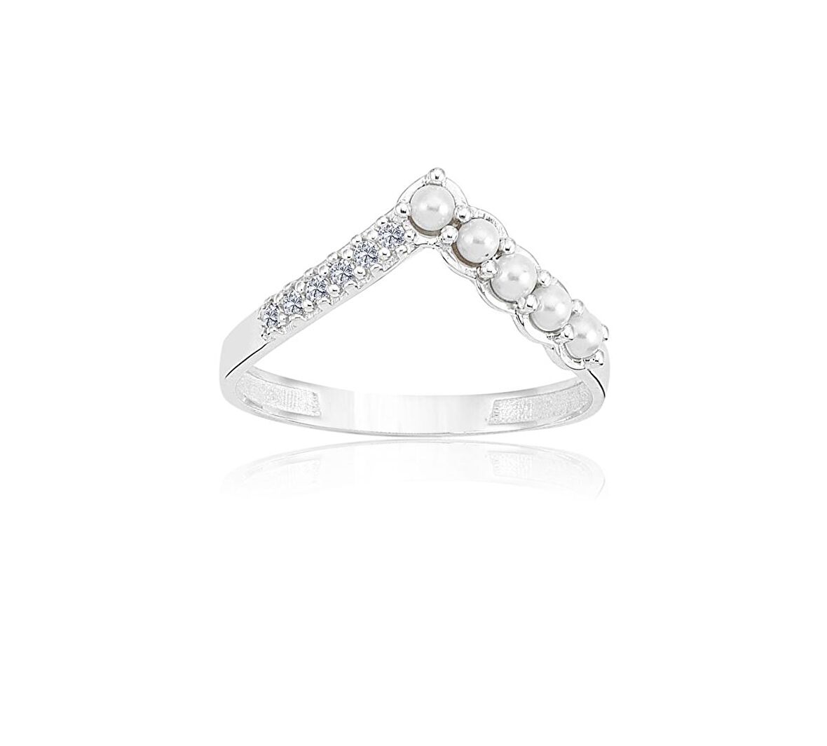 V Minimal İncili Tasarım 14 Ayar Eklem Yüzüğü-İncili 14 Ayar Altın Yüzük-Hediye Altın Yüzük