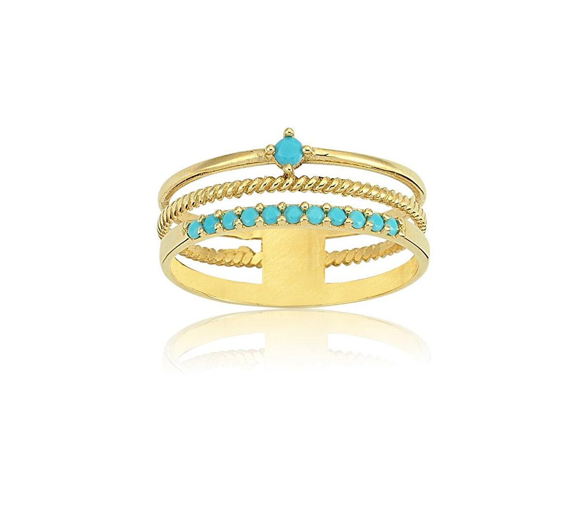 Akordiyon Desenli Burma Telli Sıralı Firuze Taşlı Eklem Yüzüğü-14 Ayar Altın Hediye Alyans Yüzük