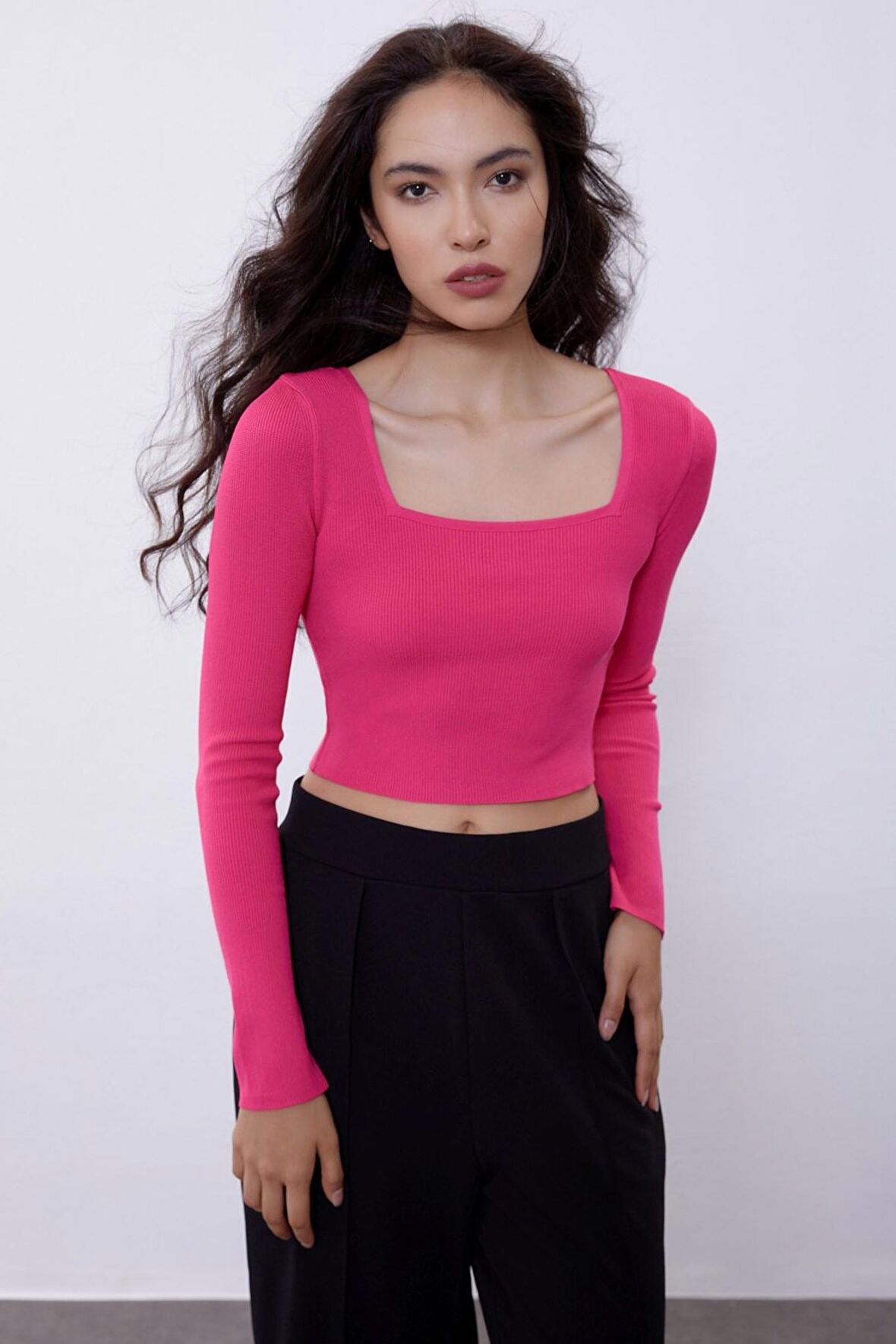 Fuşya Uzun Kollu Crop Triko Kazak SWK4500FU