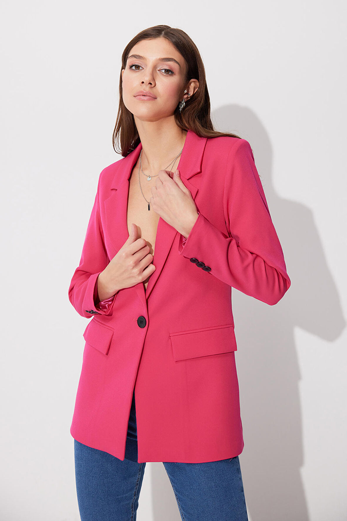 Pembe Tek Düğmeli Kruvaze Yaka Blazer Ceket SS23J4707PE