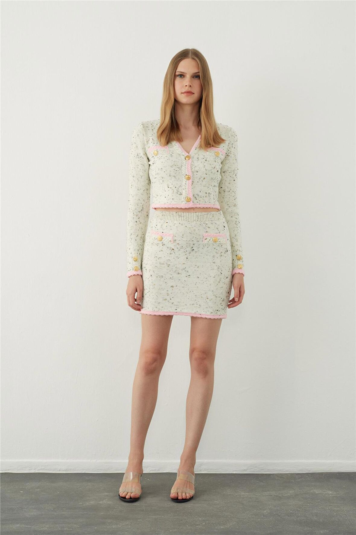 Pembe-Ekru Chanel Mini Triko Etek