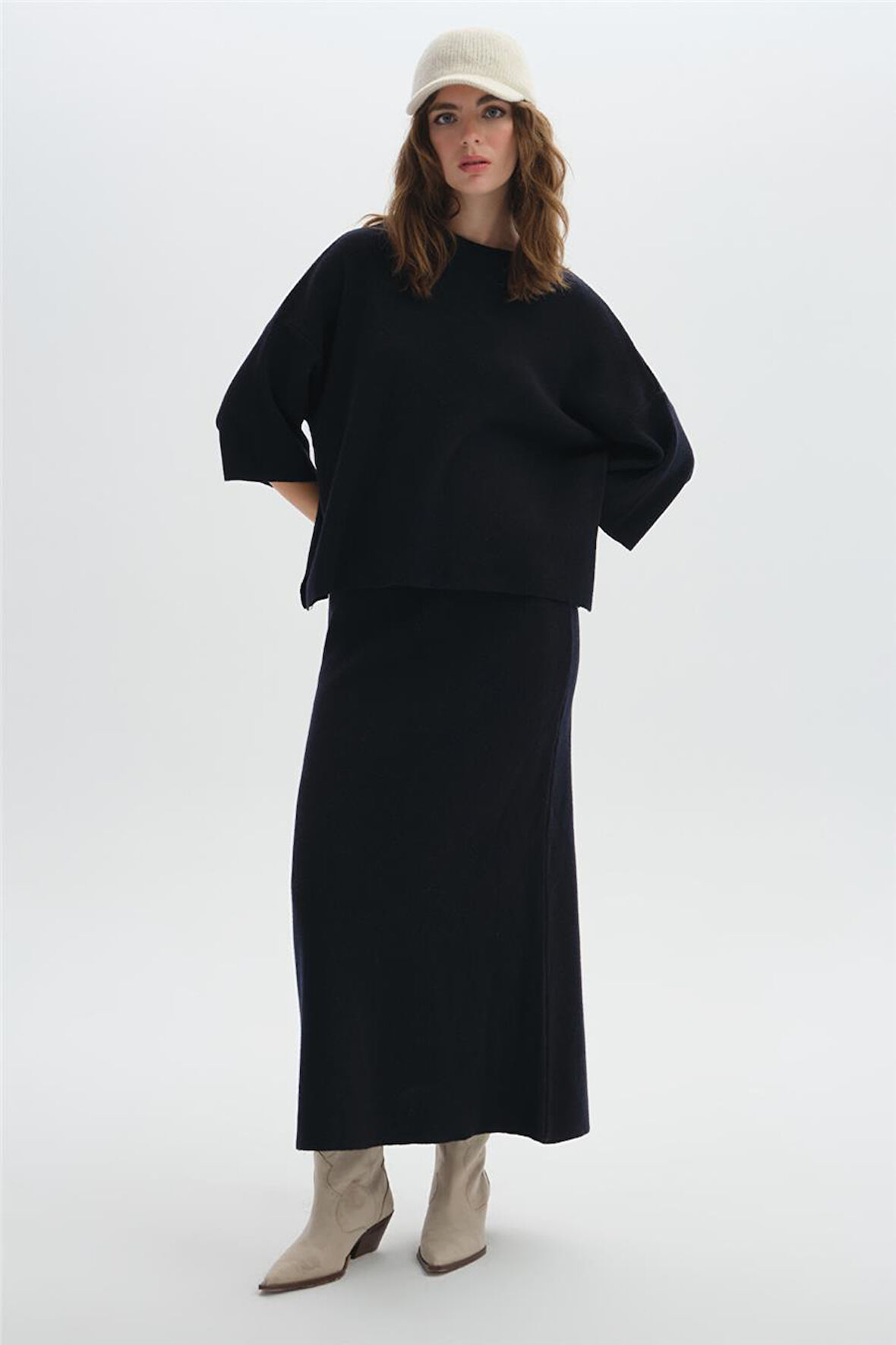 Lacivert Beli Lastikli Triko Etek