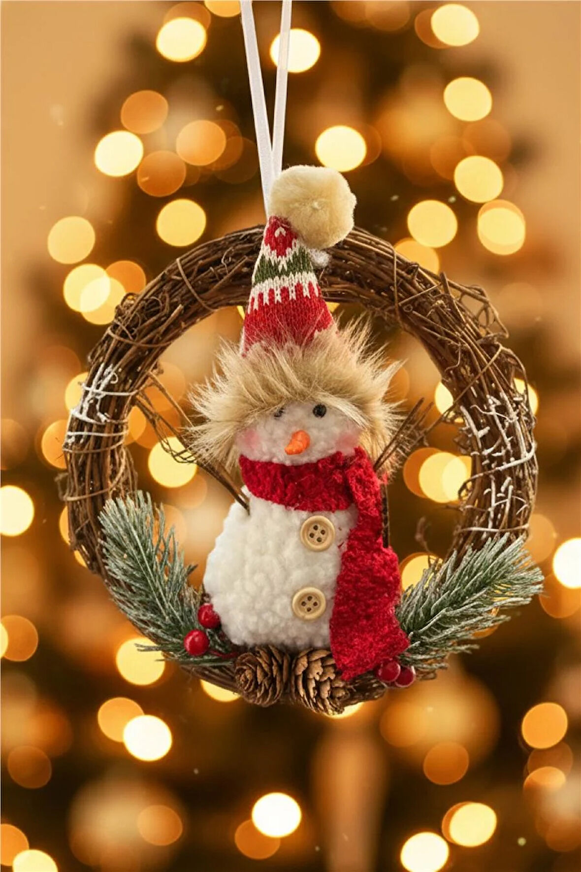 Yılbaşı Ağaç Süsleri Koleksiyonu- Çelenkli Kardan Adam Ağaç Süsü