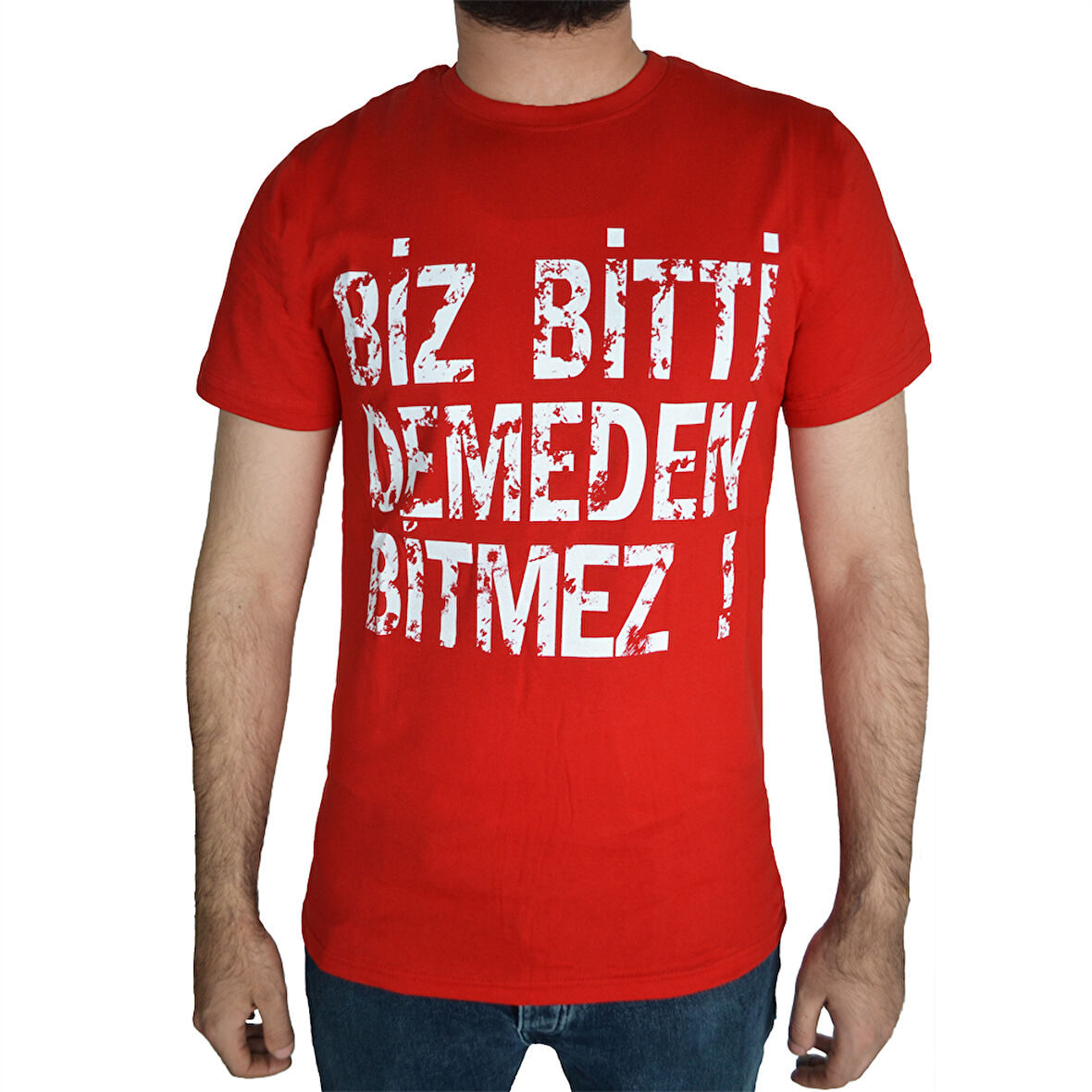 ''Biz Bitti Demeden Bitmez'' Baskılı Tişört Kırmızı-Beyaz