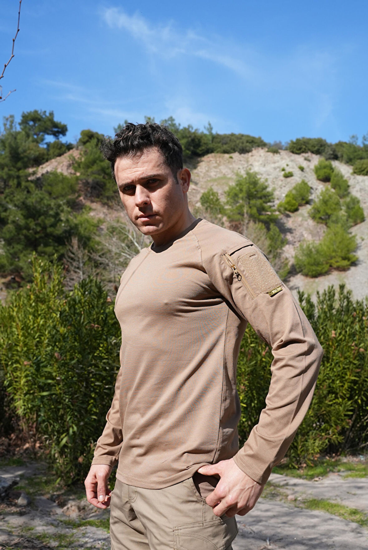 Beldaran Cepli Uzun Kollu Taktik Tişört Bej