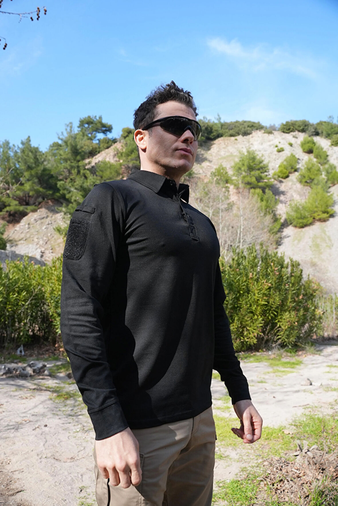 Siyah Uzun Kollu Taktik Polo Yaka Tişört, 2 Cepli Uzun Kollu T-Shirt