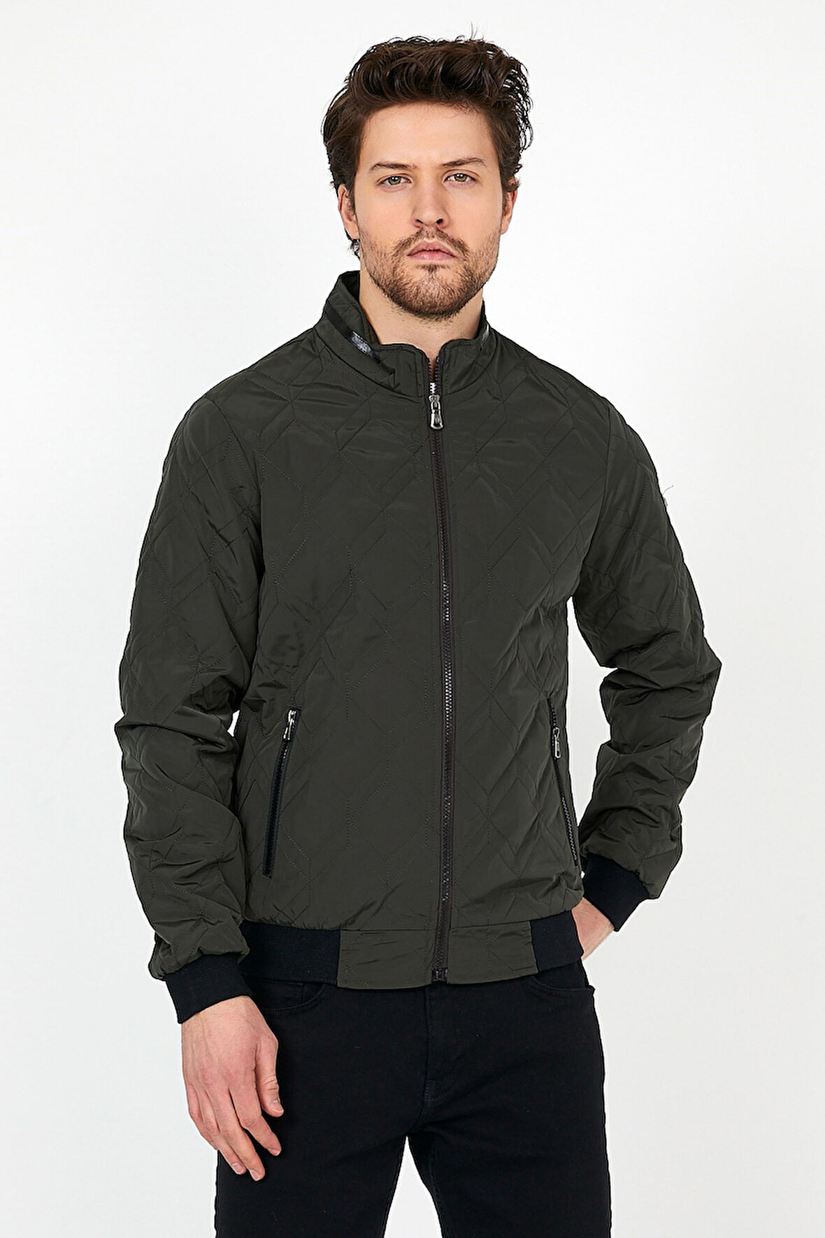 YENİ SEZON ERKEK YEŞİL MEVSİMLİK TRİKO VE DERİ BİYE DETAYLI FERMUARLI İÇ CEPLİ MONT&CEKET