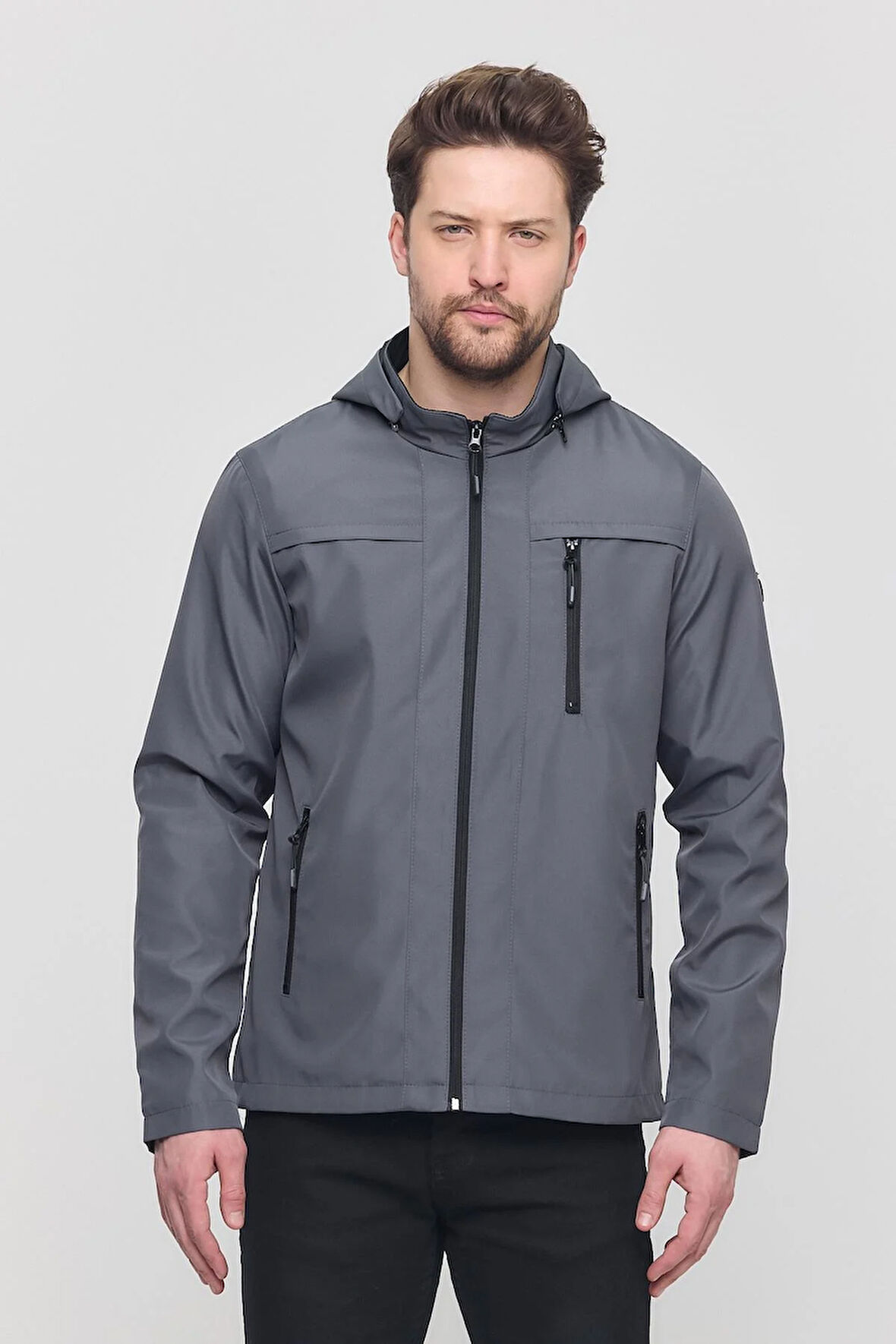 Yeni Sezon Erkek Gri Kapüşonlu İç Cepli Su Ve Rüzgar Geçirmez Mevsimlik&Yazlık Mont