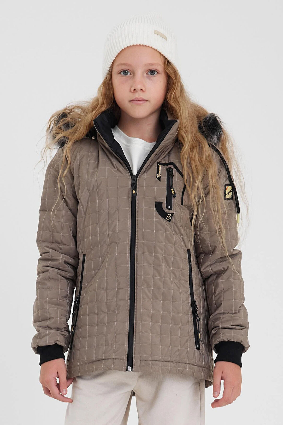 Krem Kız Çocuk Su Ve Rüzgar Geçirmez Çıkartılabilir Kapüşonlu Kapitone Mont&Kaban