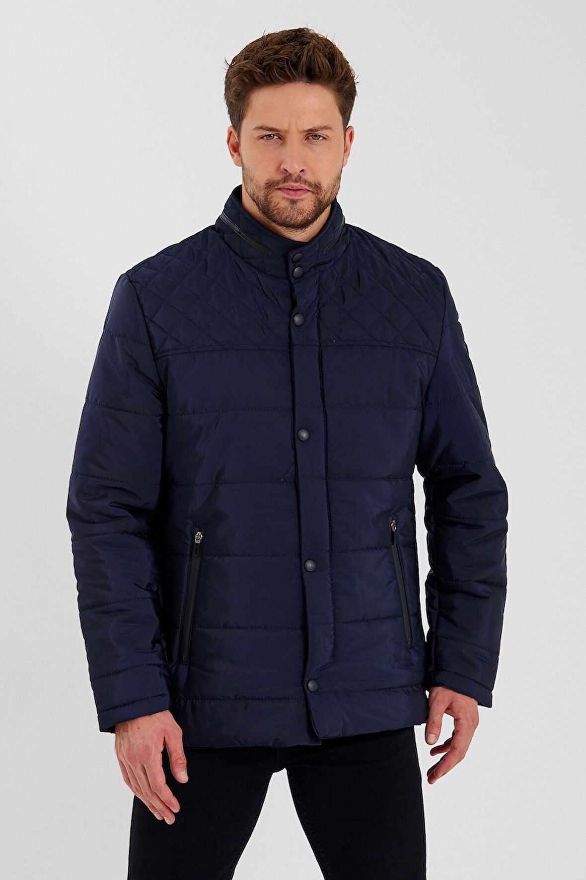 Erkek Lacivert Regular İç Cepli İçi Kürklü Yıkanabilir Regular Kapitone Mont&Kaban