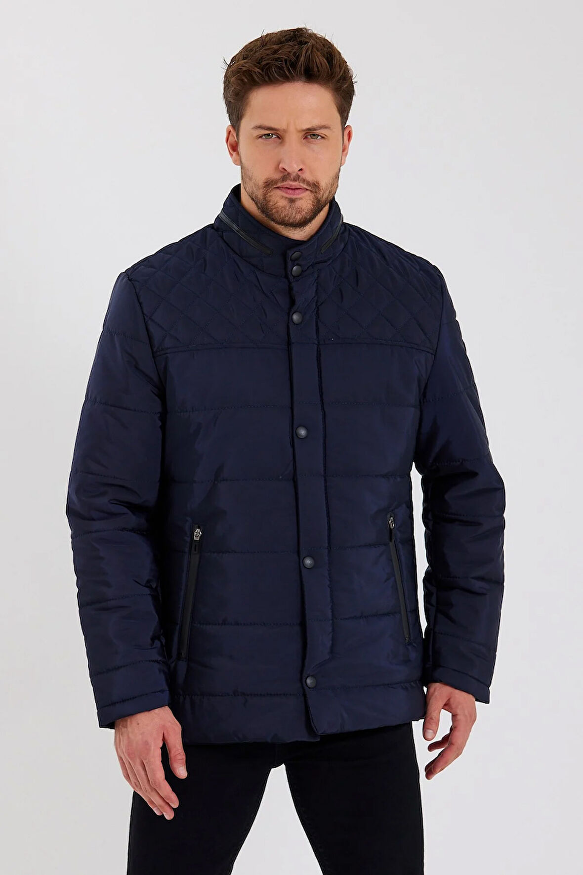 Erkek Lacivert Regular İç Cepli İçi Kürklü Yıkanabilir Regular Kapitone Mont&Kaban