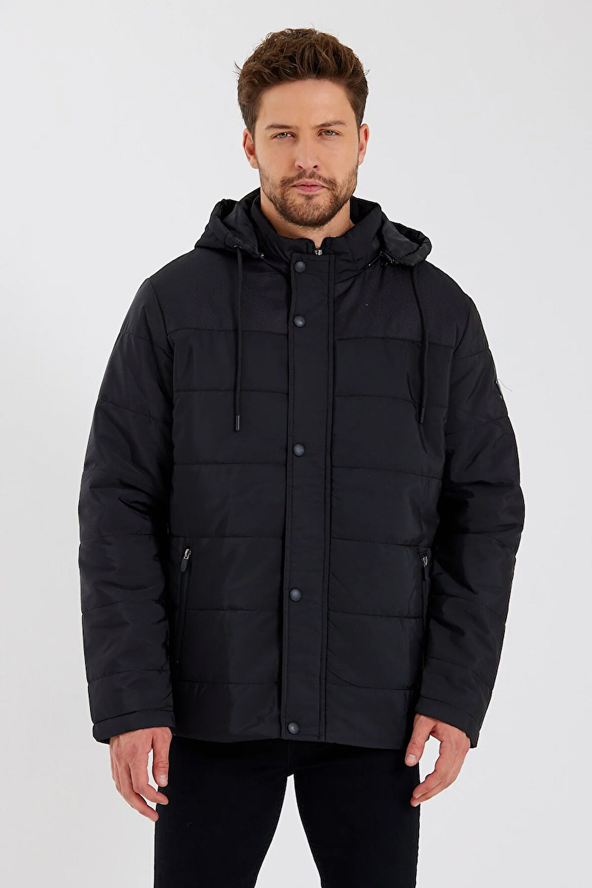 Erkek Siyah Çıkarılabilir Kapüşonlu İç Cepli İçi Kürkü Yıkanabilir Kapütone Mont&Kaban