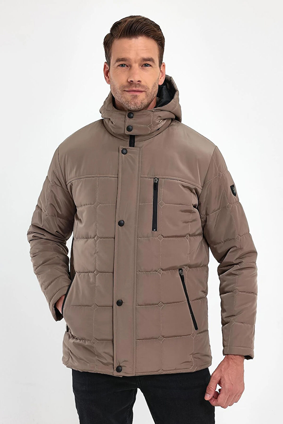 Erkek Krem Standart Fit Normal Kesim Çıkmalı Kapüşon Dik Yaka Mont