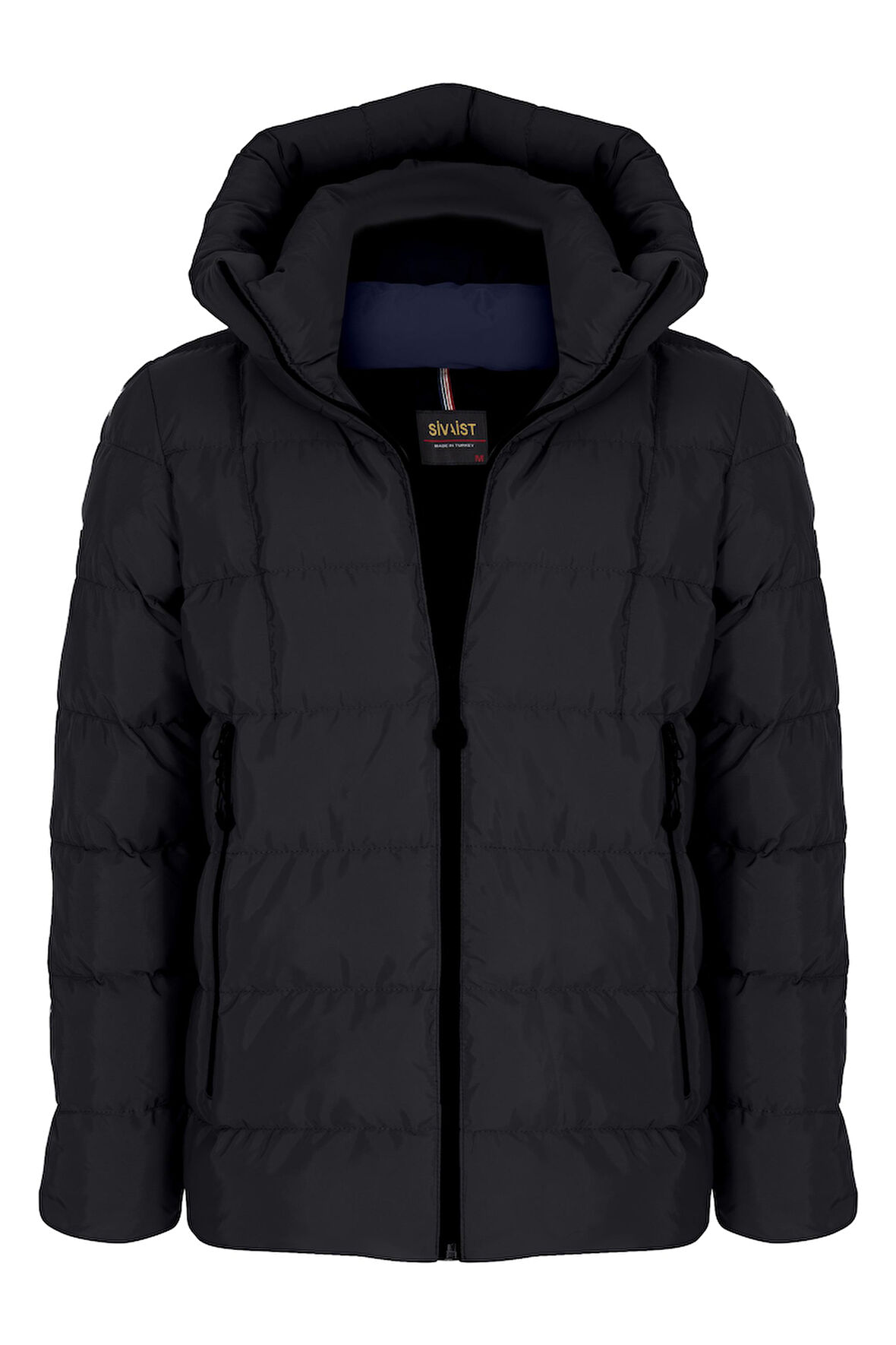 Erkek Siyah Su Ve Rüzgar Geçirmez Sabit Kapüşonlu Pofuduk Yaka Kalın Içi Kürklü Şişme Mont&Kaban