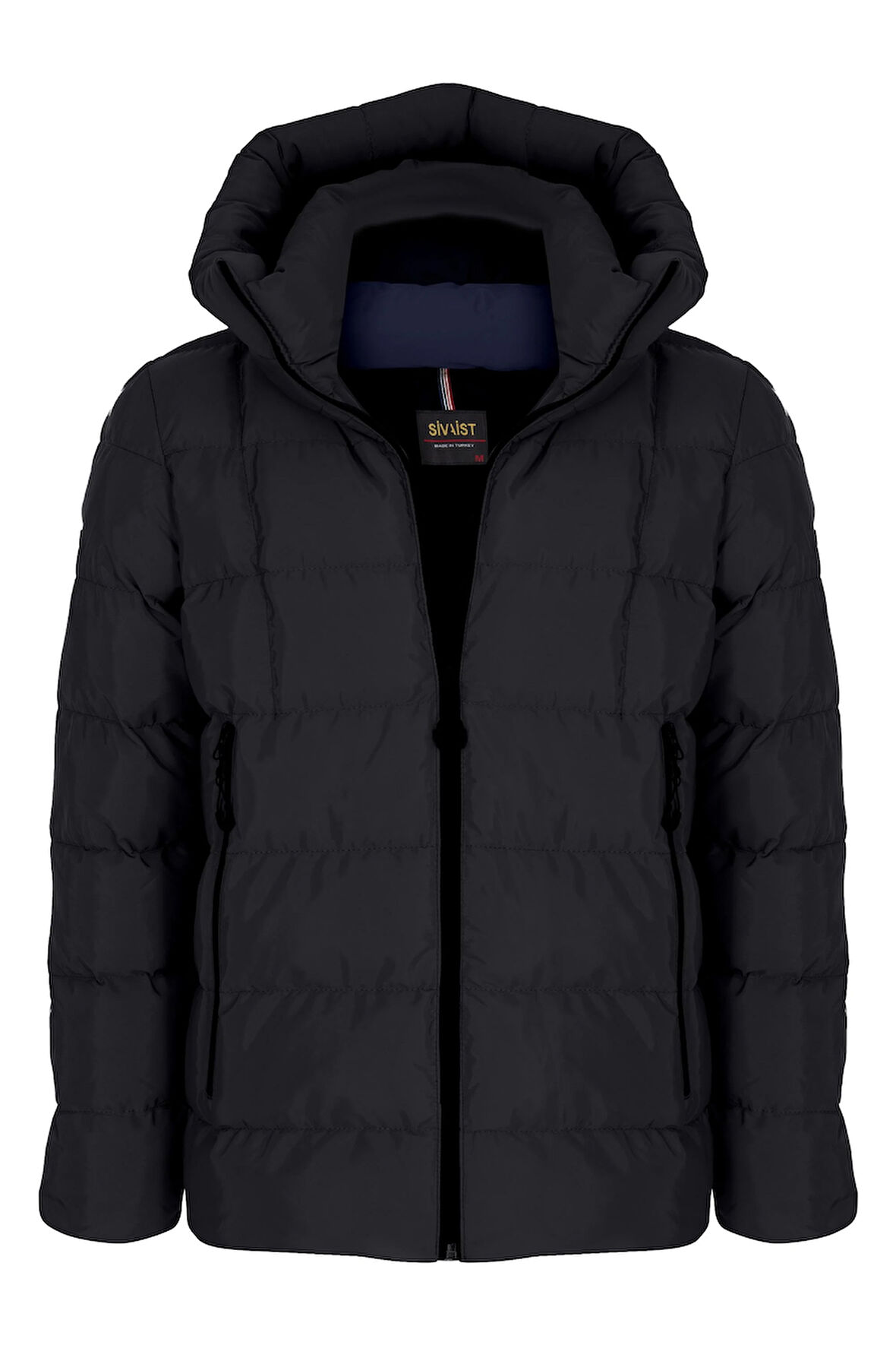 Erkek Siyah Su Ve Rüzgar Geçirmez Sabit Kapüşonlu Pofuduk Yaka Kalın Içi Kürklü Şişme Mont&Kaban