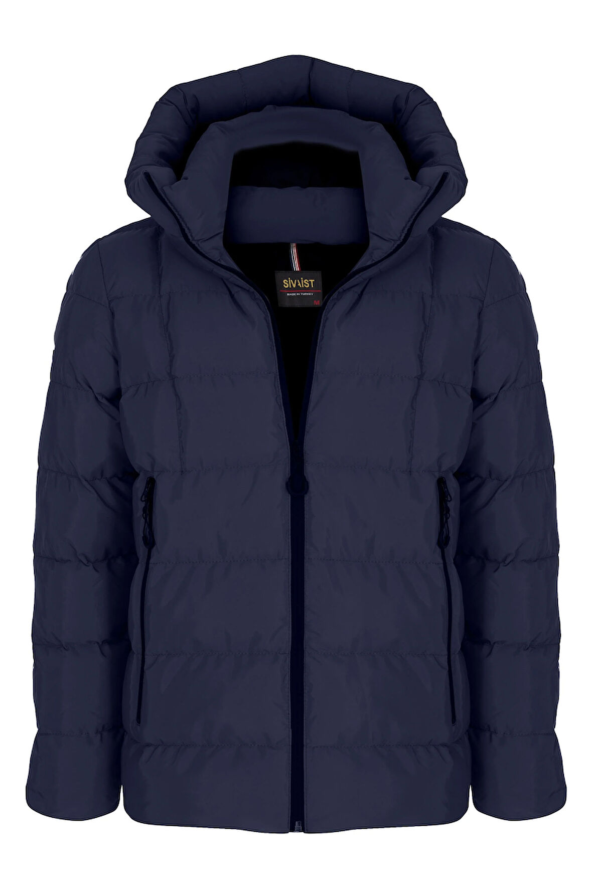 Erkek Lacivert Su Ve Rüzgar Geçirmez Sabit Kapüşonlu Pofuduk Yaka Kalın Içi Kürklü Şişme Mont&Kaban