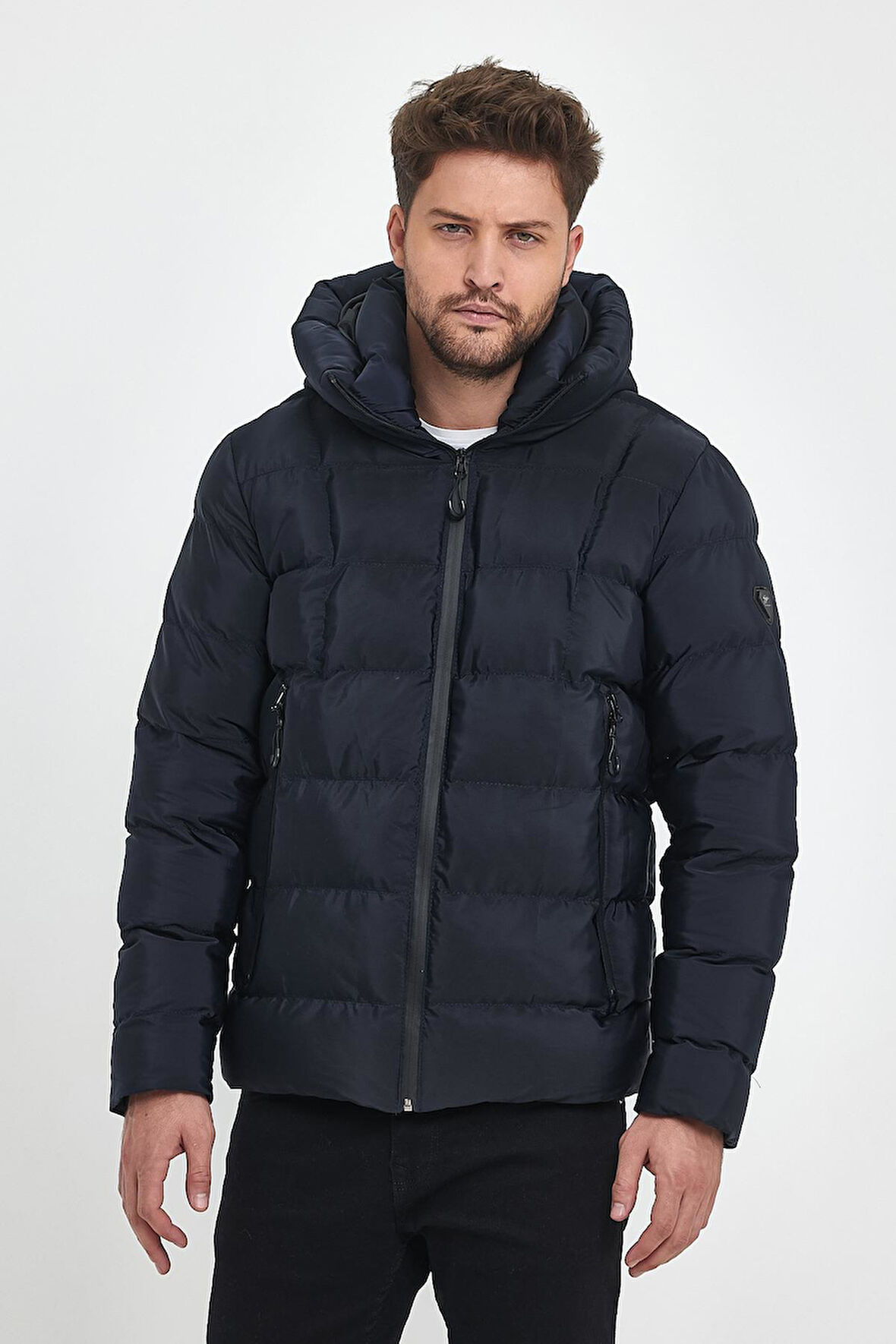 Erkek Lacivert Su Ve Rüzgar Geçirmez Sabit Kapüşonlu Pofuduk Yaka Kalın Içi Kürklü Şişme Mont&Kaban