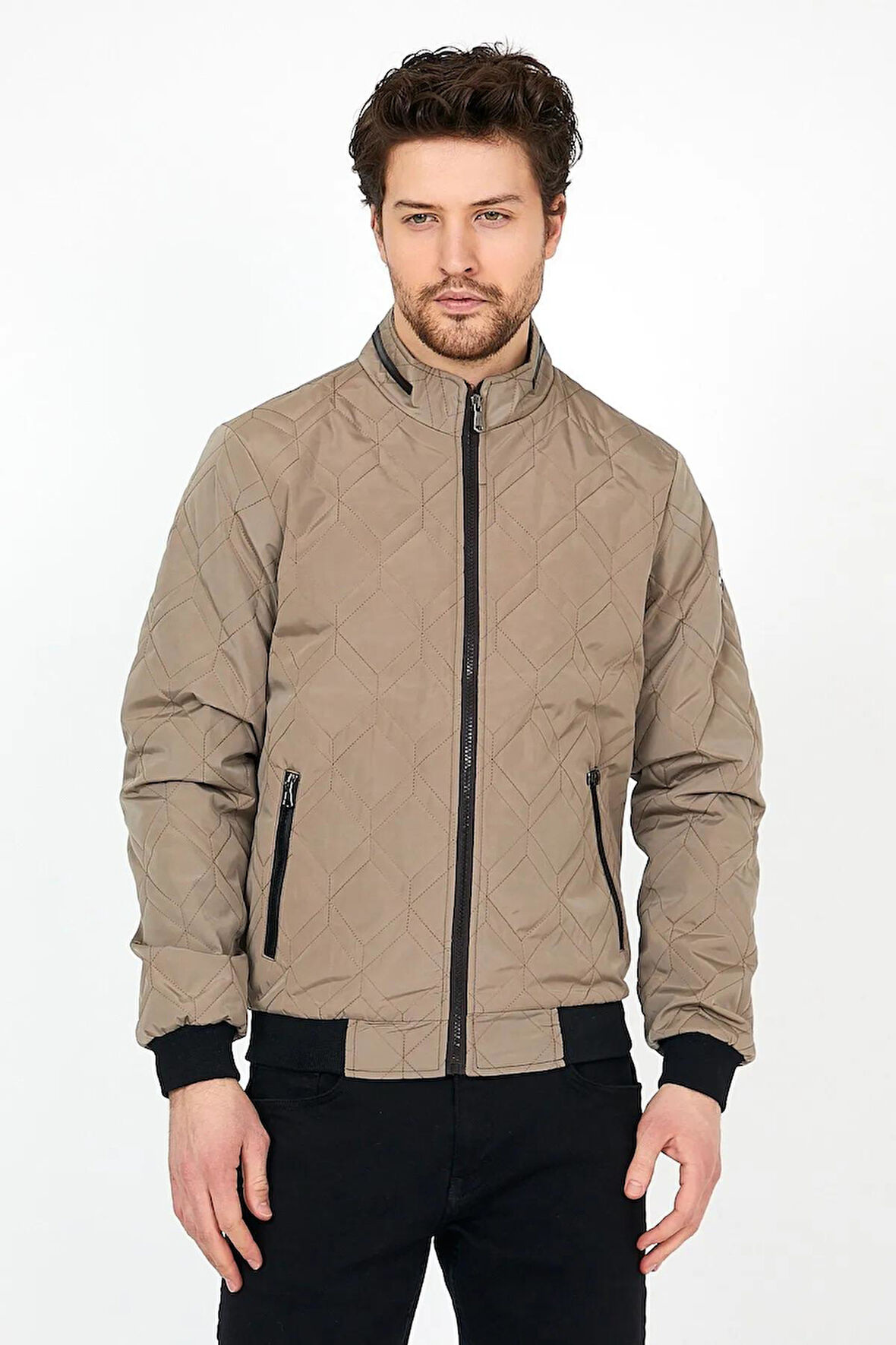 Yeni Sezon Erkek Krem Mevsimlik Triko Ve Deri Biye Detaylı Fermuarlı İç Cepli Mont&Ceket