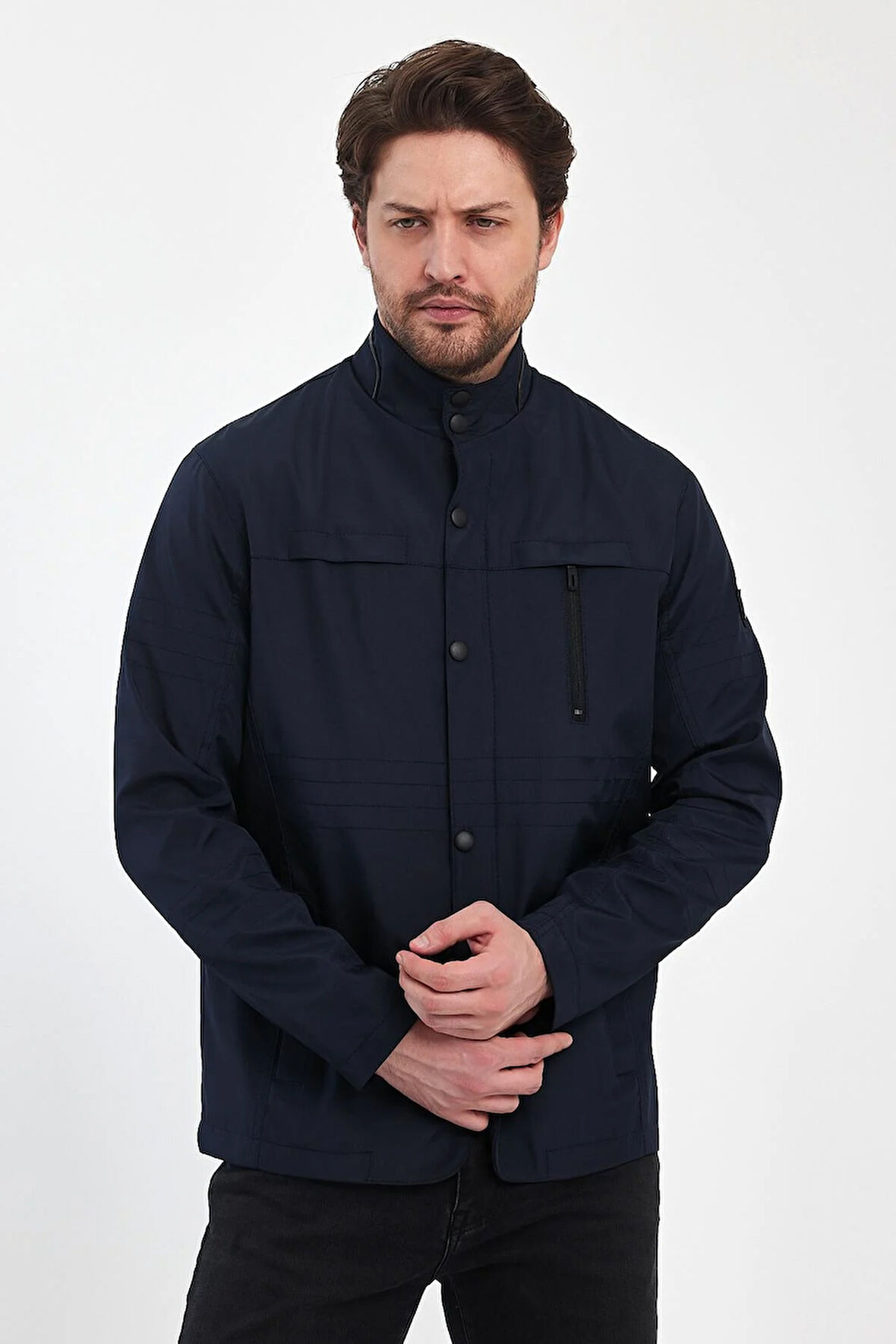 Erkek Lacivert Regular Uzun Mevsimlik Pamuk Polyester Karışımlı Safari Mont&Ceket