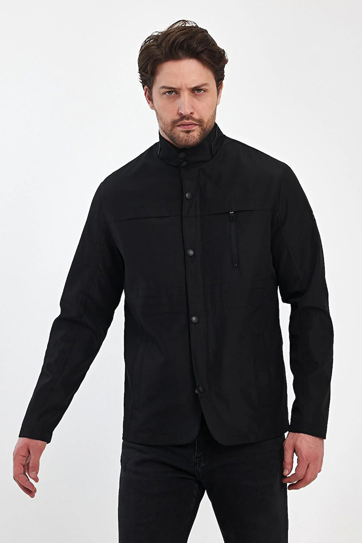 Erkek Siyah Regular Uzun Mevsimlik Pamuk Polyester Karışımlı Safari Mont&Ceket