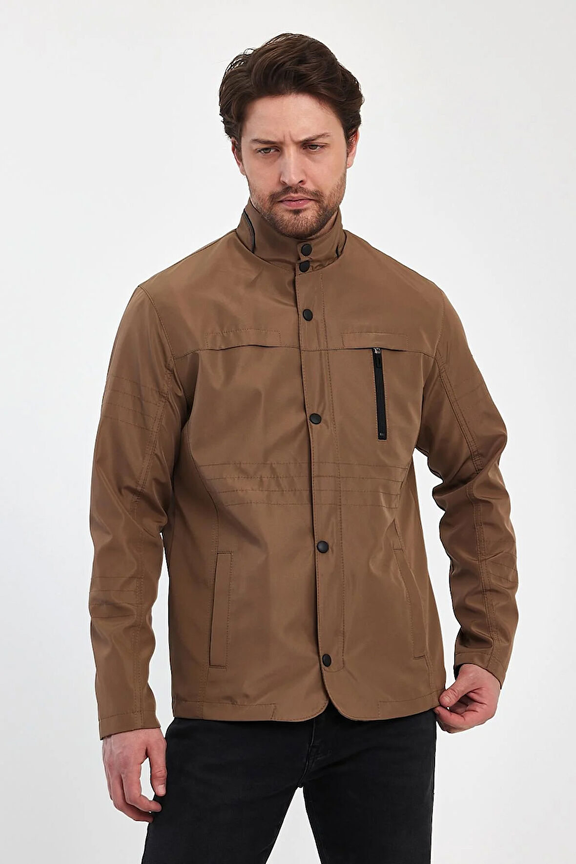 Erkek Kahverengi Regular Uzun Mevsimlik Pamuk Polyester Karışımlı Safari Mont&Ceket