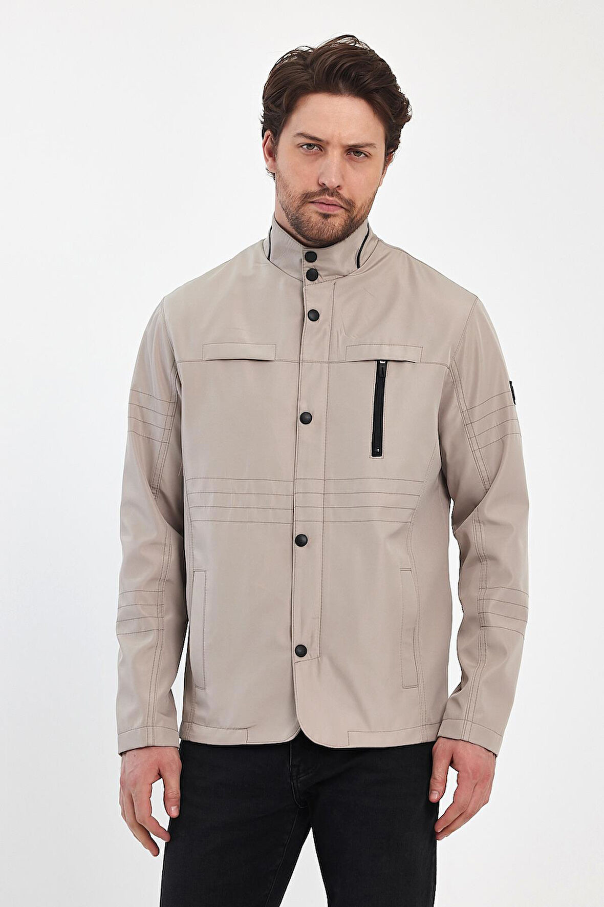 Erkek Açık Krem Regular Uzun Mevsimlik Pamuk Polyester Karışımlı Safari Mont&Ceket