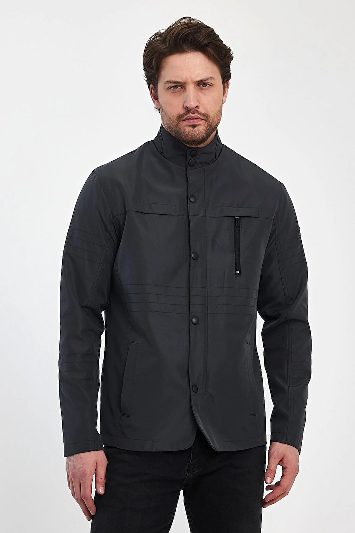 Erkek Gri Hakim Regular Uzun Mevsimlik Pamuk Polyester Karışımlı Safari Mont&Ceket