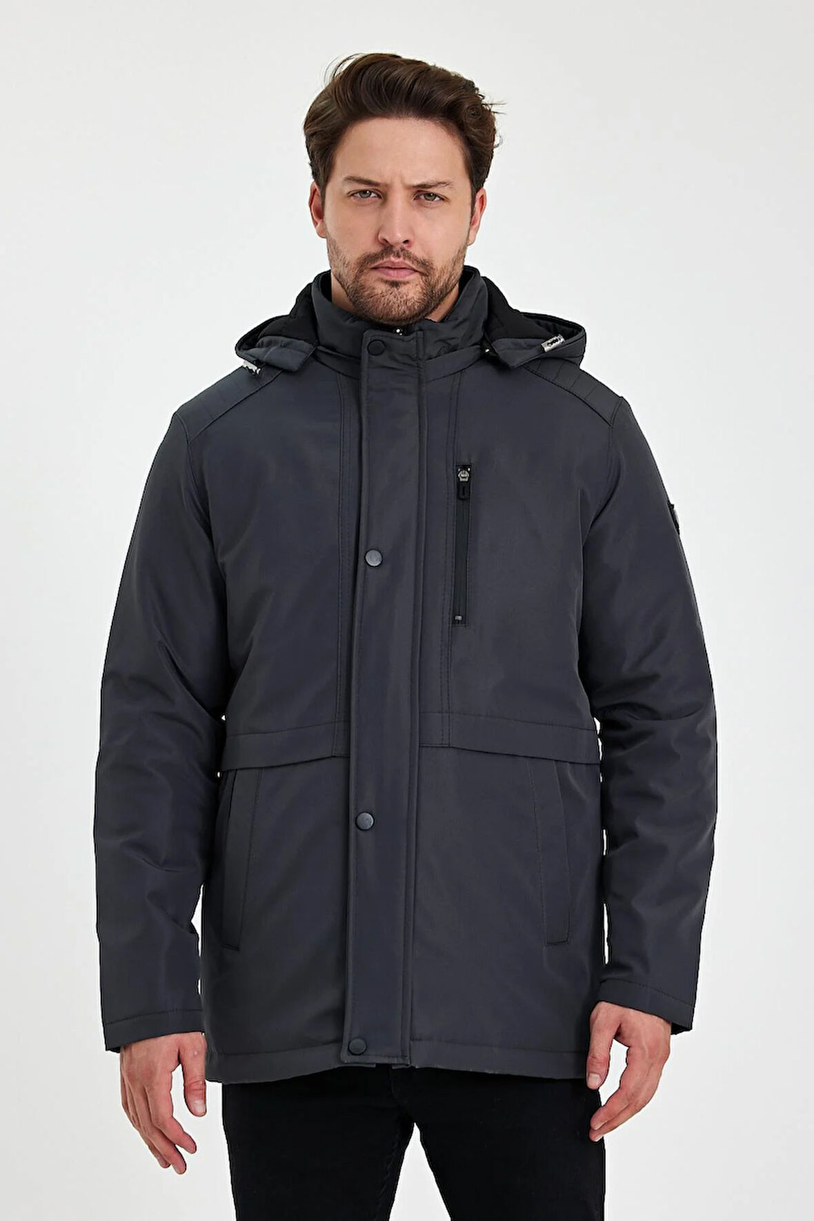 Gri İçi Kalın Kürklü Çıkartılabilir Kapüşonlu Rüzgar Ve Su Geçirmez Mont&Kaban