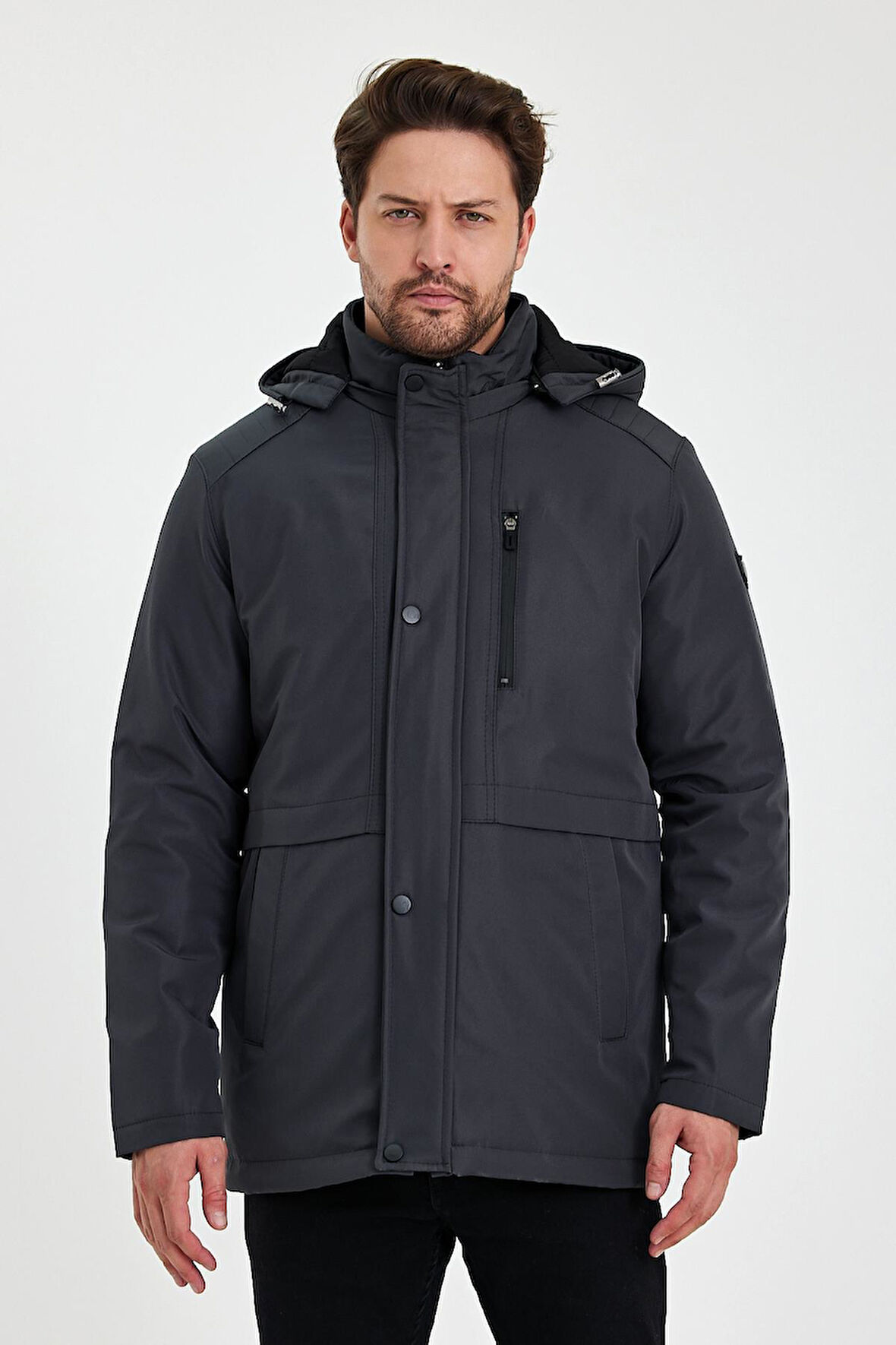 Gri İçi Kalın Kürklü Çıkartılabilir Kapüşonlu Rüzgar Ve Su Geçirmez Mont&Kaban