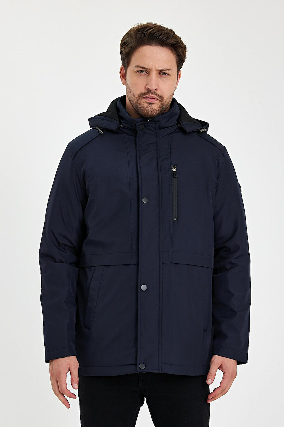 Lacivert İçi Kalın Kürklü Çıkartılabilir Kapüşonlu Rüzgar Ve Su Geçirmez Mont&Kaban