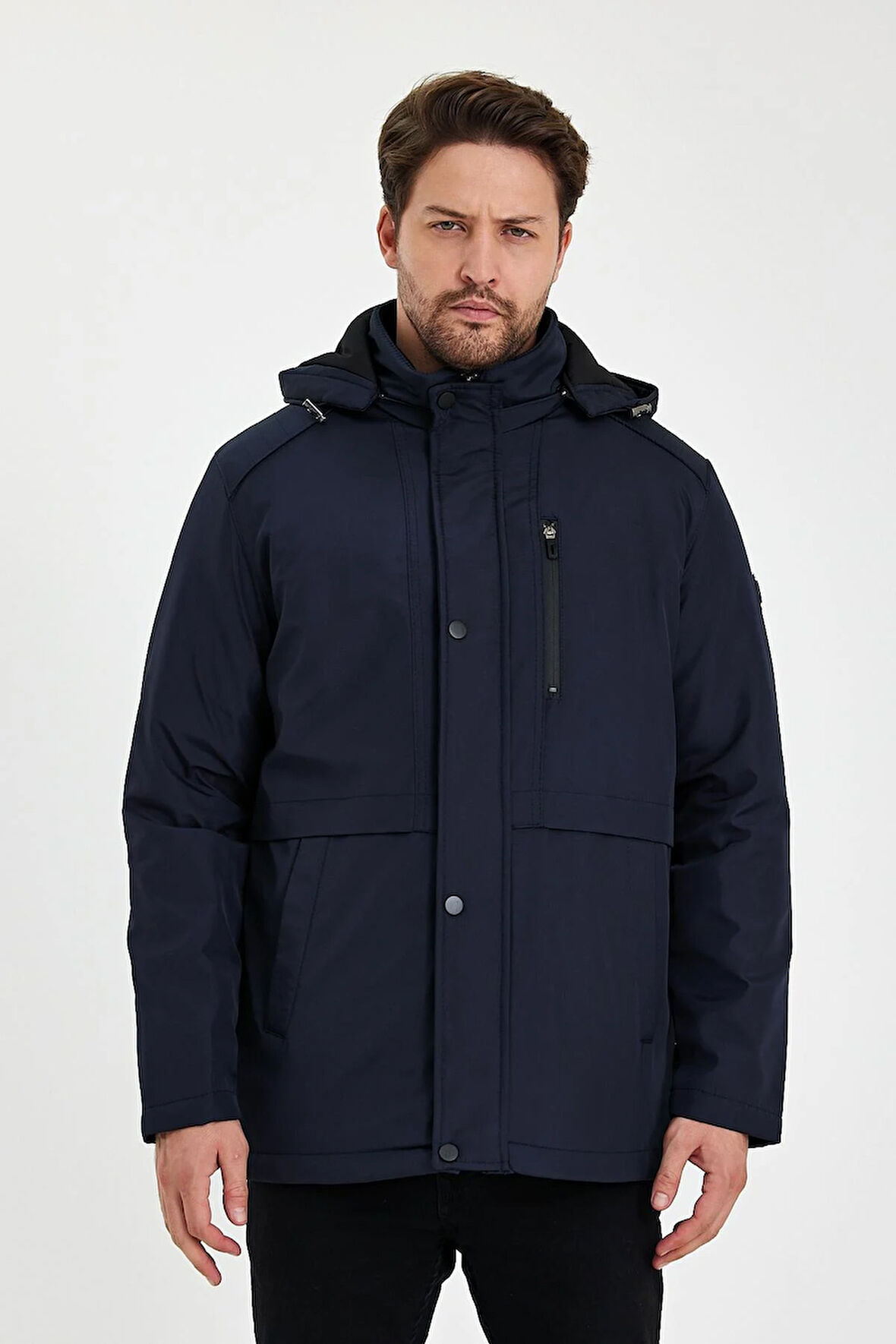 Lacivert İçi Kalın Kürklü Çıkartılabilir Kapüşonlu Rüzgar Ve Su Geçirmez Mont&Kaban