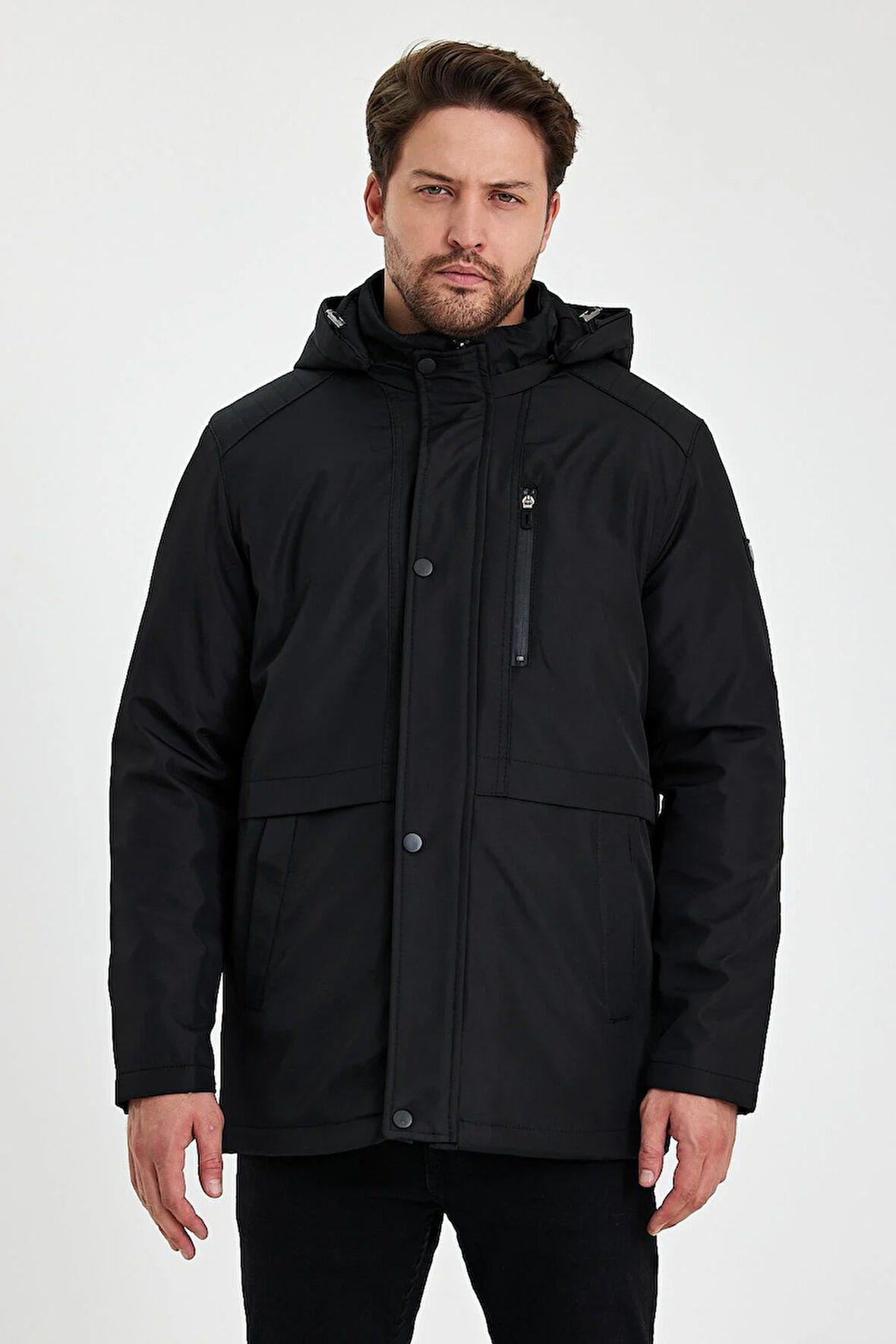 Siyah İçi Kalın Kürklü Çıkartılabilir Kapüşonlu Rüzgar Ve Su Geçirmez Mont&Kaban