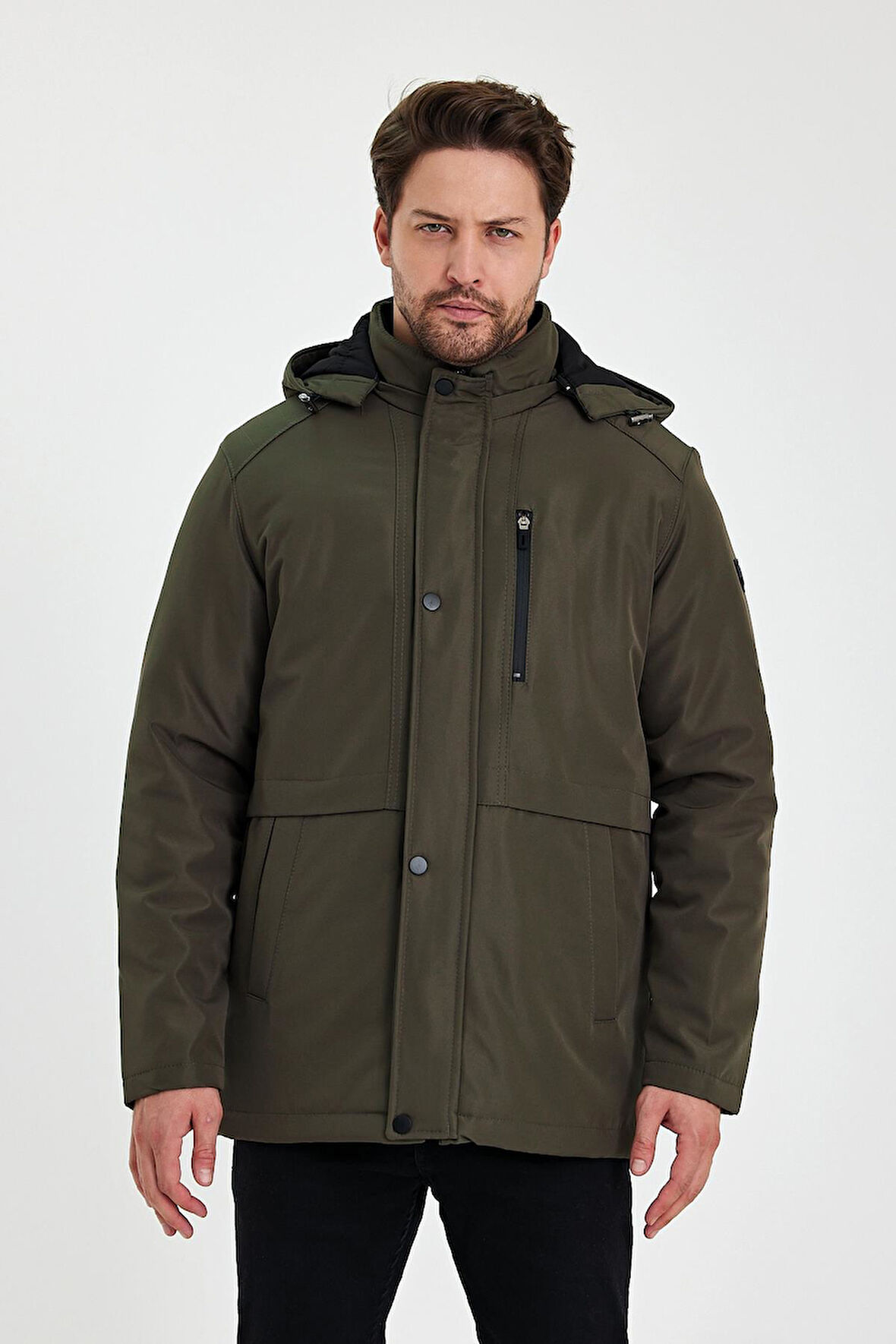 Yeşil İçi Kalın Kürklü Çıkartılabilir Kapüşonlu Rüzgar Ve Su Geçirmez Mont&Kaban