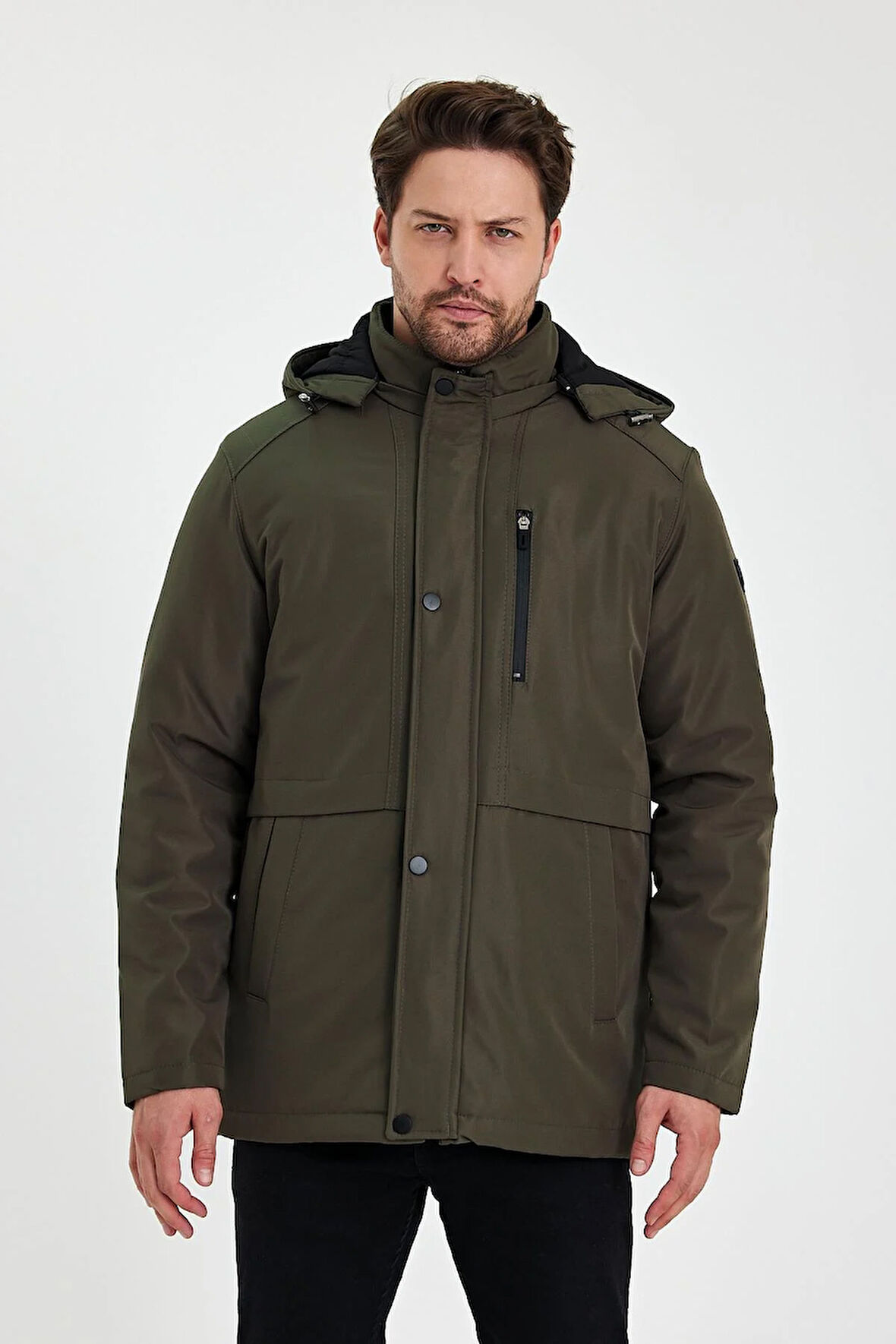 Yeşil İçi Kalın Kürklü Çıkartılabilir Kapüşonlu Rüzgar Ve Su Geçirmez Mont&Kaban