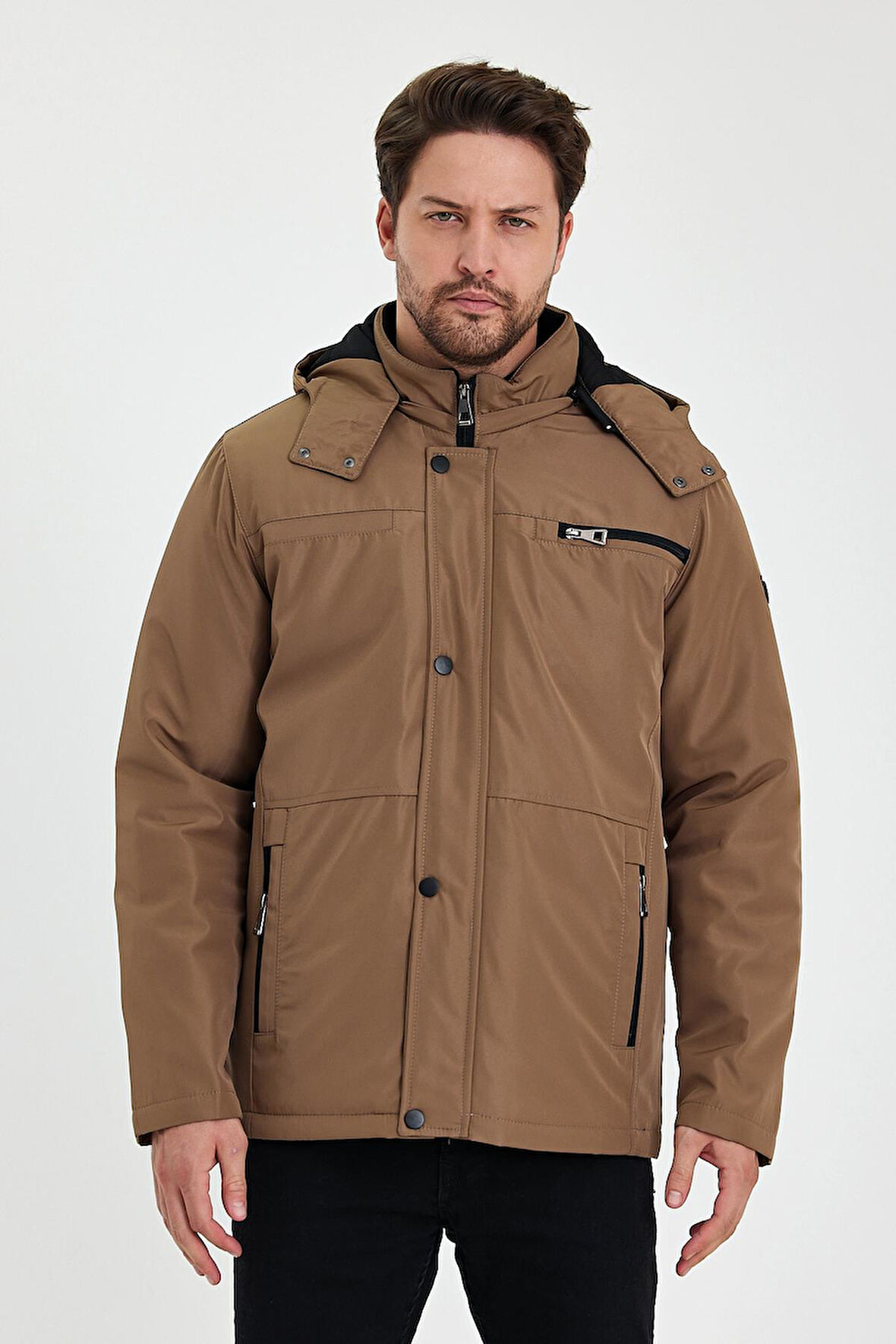 Kahverengi İçi Kalın Kürklü Çıkartılabilir Kapüşonlu Fermuar Çepli Rüzgar Ve Su Geçirmez Mont&Kaban