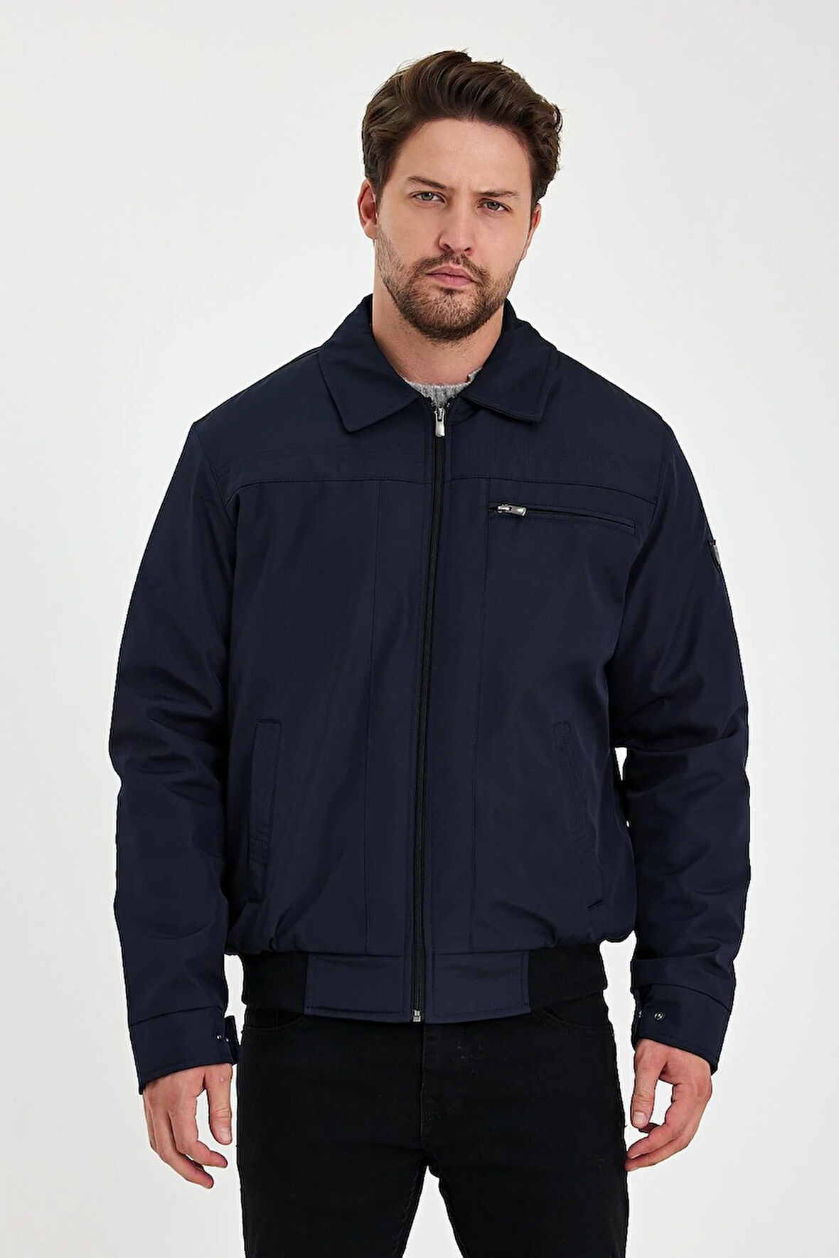 Lacivert İçi Kalın Kürklü Klasik Yakalı Rüzgar Ve Su Geçirmez Mont&Kaban