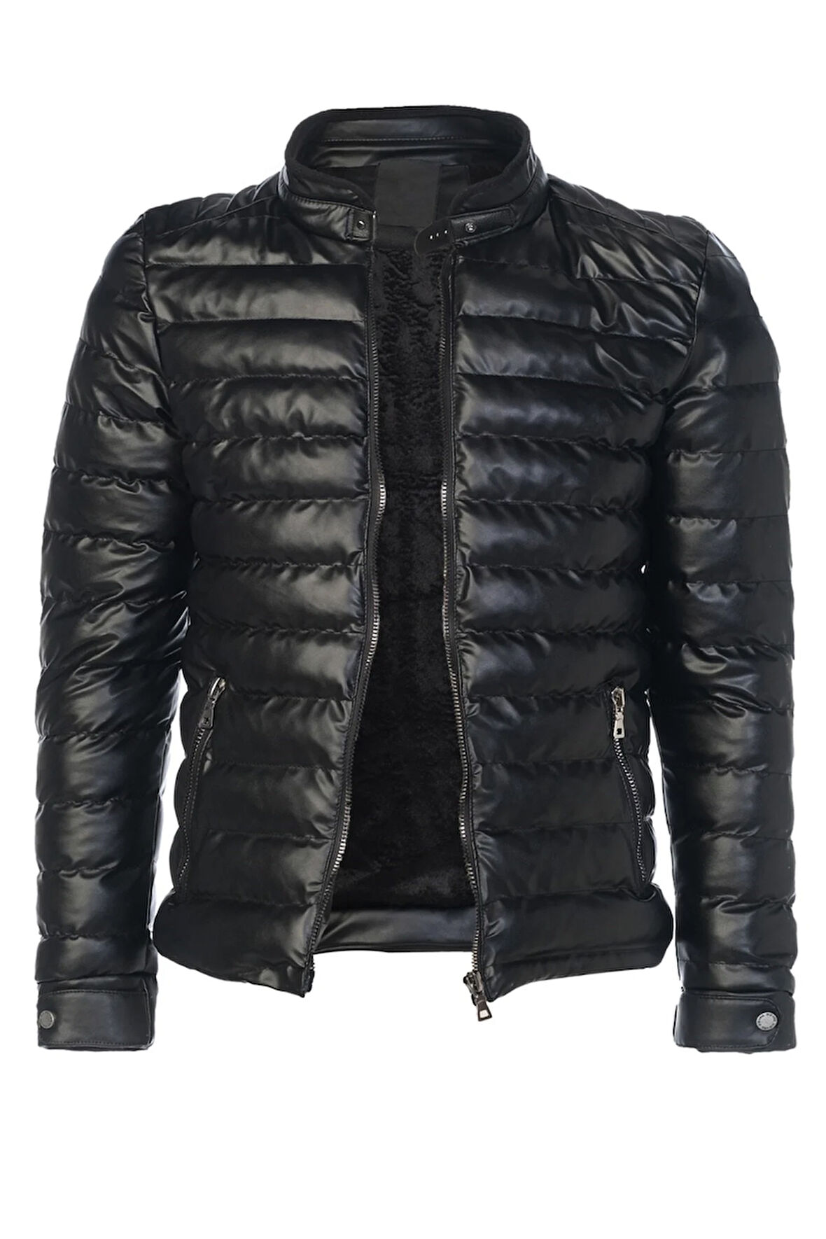 Sivaist Erkek Siyah Slim Fit İçi Kalın Kürklü Su İtici Şişme Deri Ceket & Mont