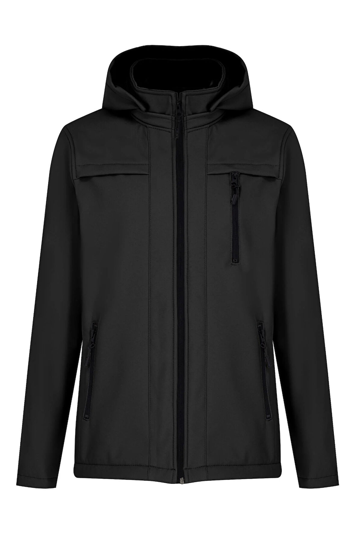 Siyah Erkek %100 Su Geçirmez İçi Polarlı İç Çepli Çıkartılabilir Kapüşonlu Softshell Mont&Kaban 