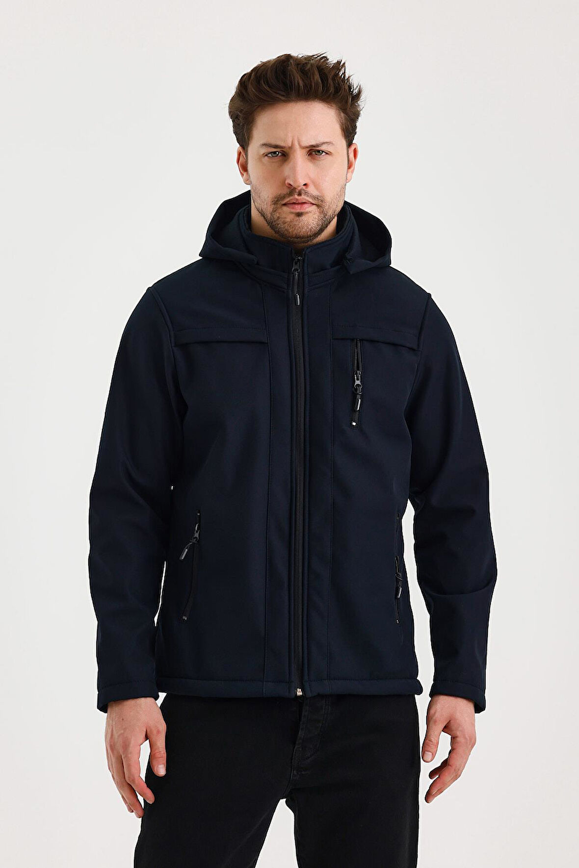 Lacivert Erkek %100 Su Geçirmez İçi Polarlı İç Çepli Çıkartılabilir Kapüşonlu Softshell Mont&Kaban 